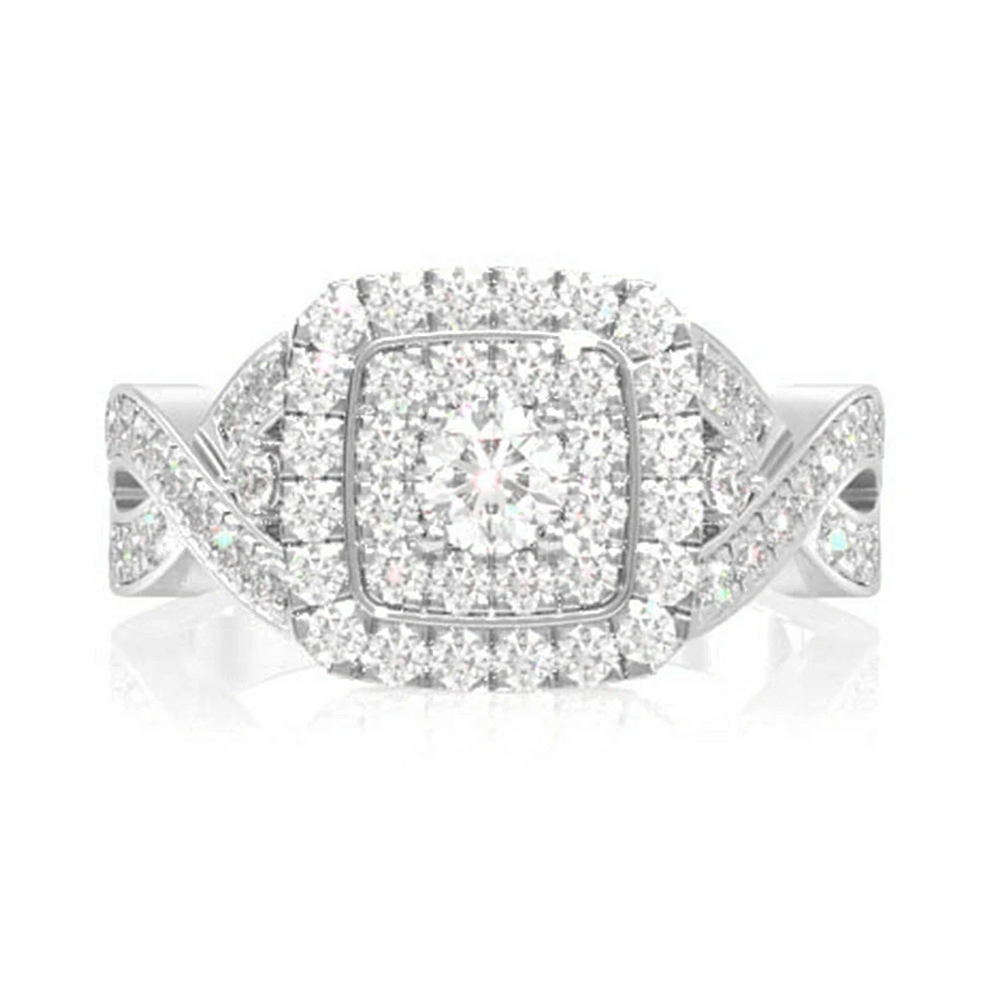 Twisted Shank Double Square Halo Ring in 14K white gold, front view