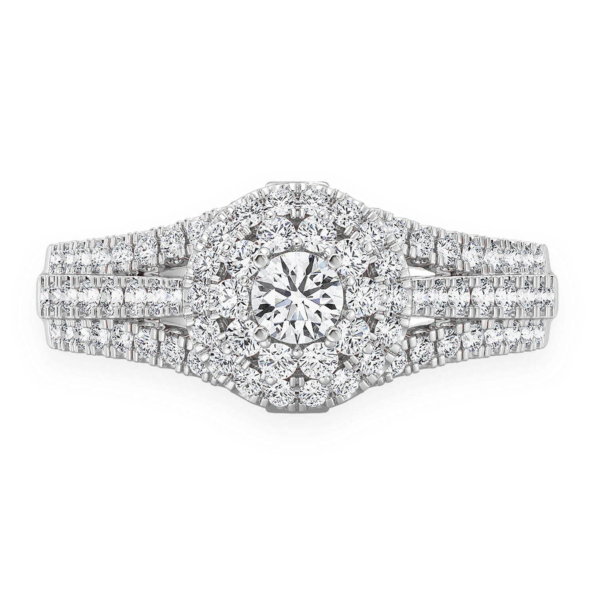 Round Double Halo Diamond Ring in 14K white gold, front view