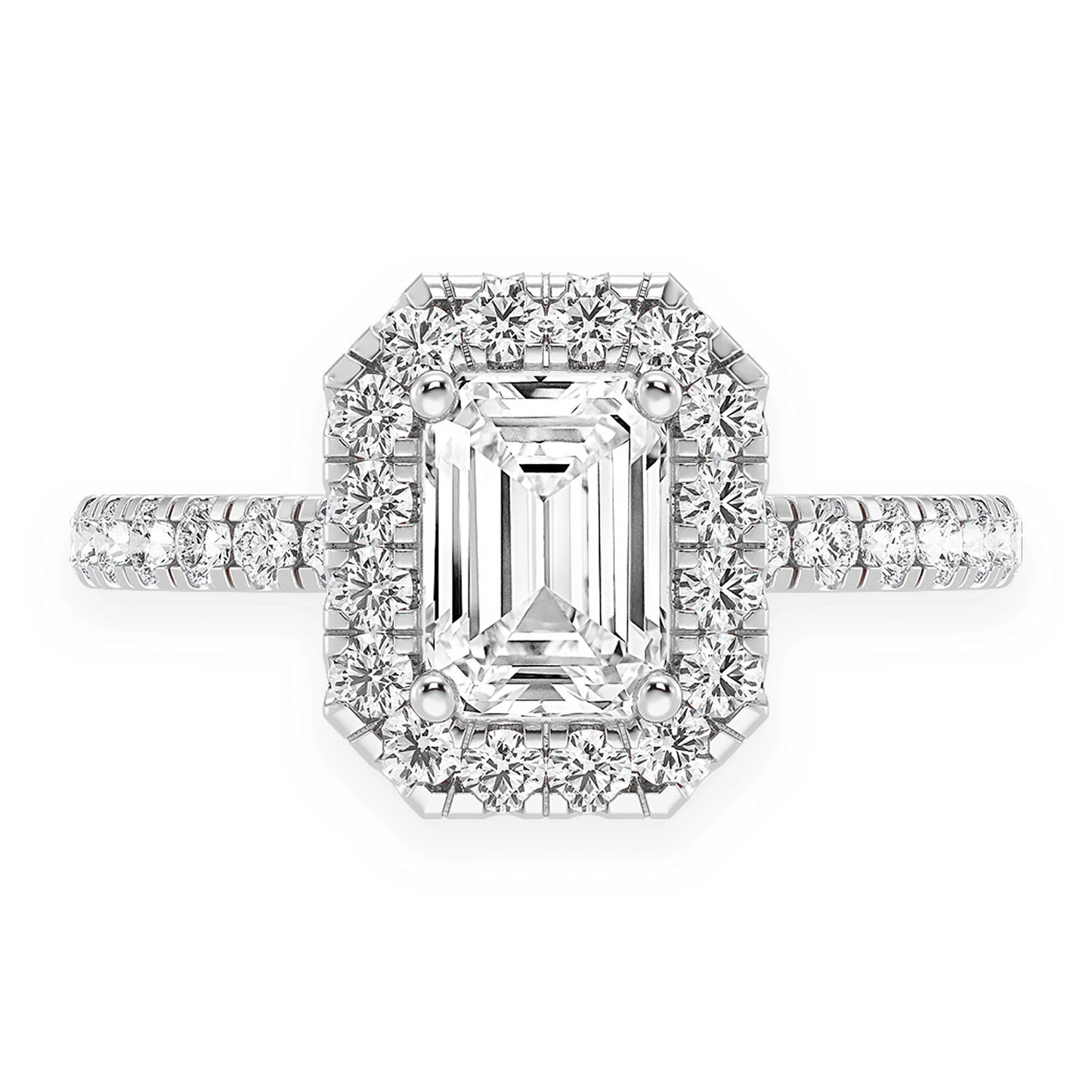 0.75ct Emerald Cut Halo Diamond Engagement Ring in 14K white gold, front view