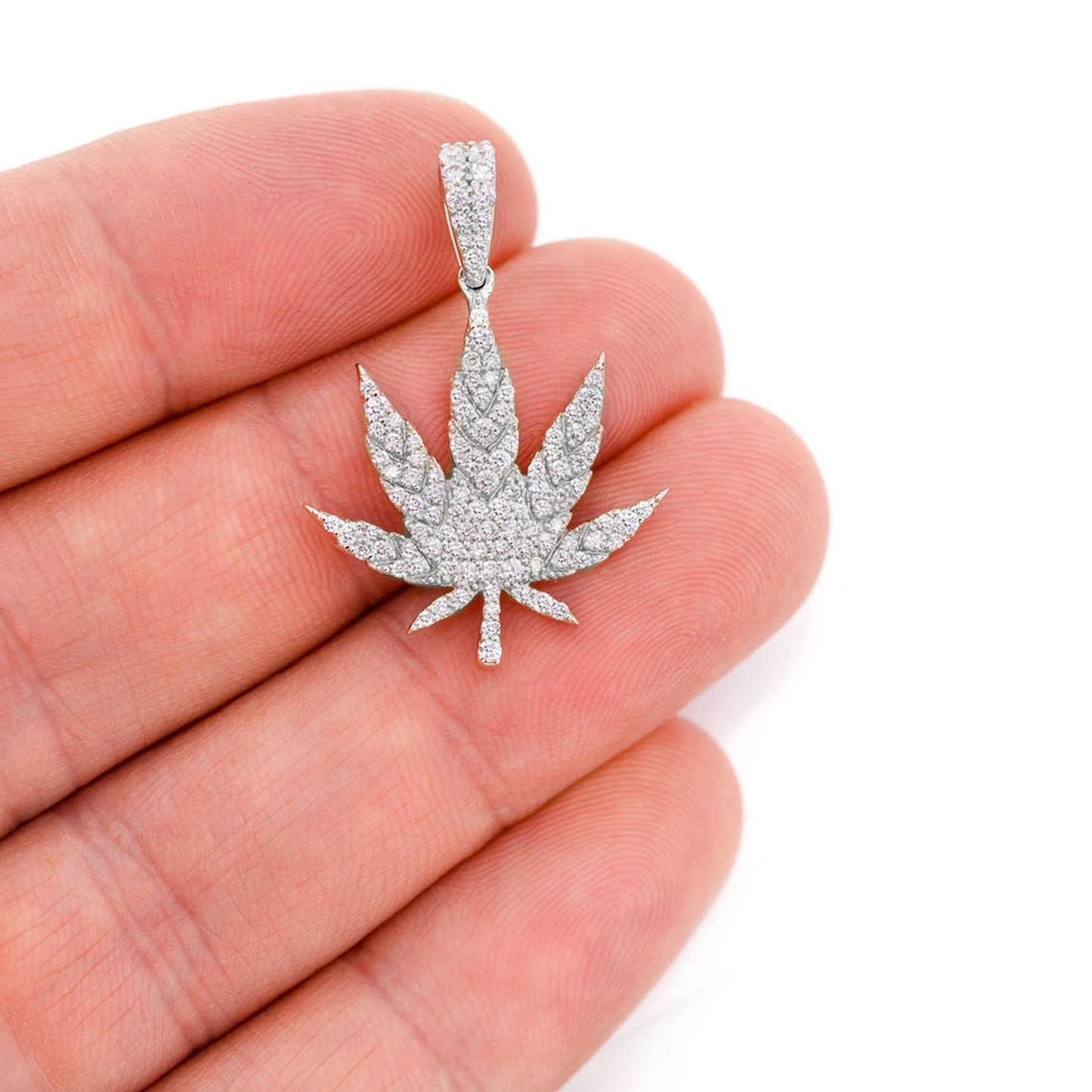 Cannabis Leaf Diamond Pendant in 14K white gold, Large | 0.85ctw, angled view