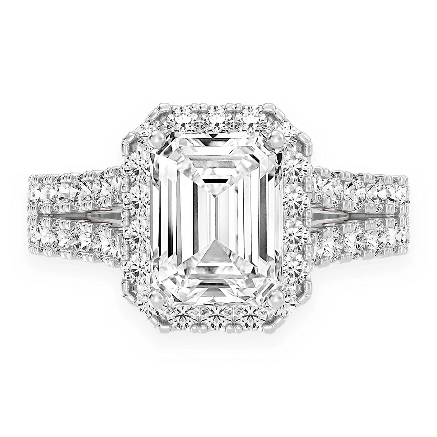 Sphinx Emerald Halo Ring in 14K white gold, front view
