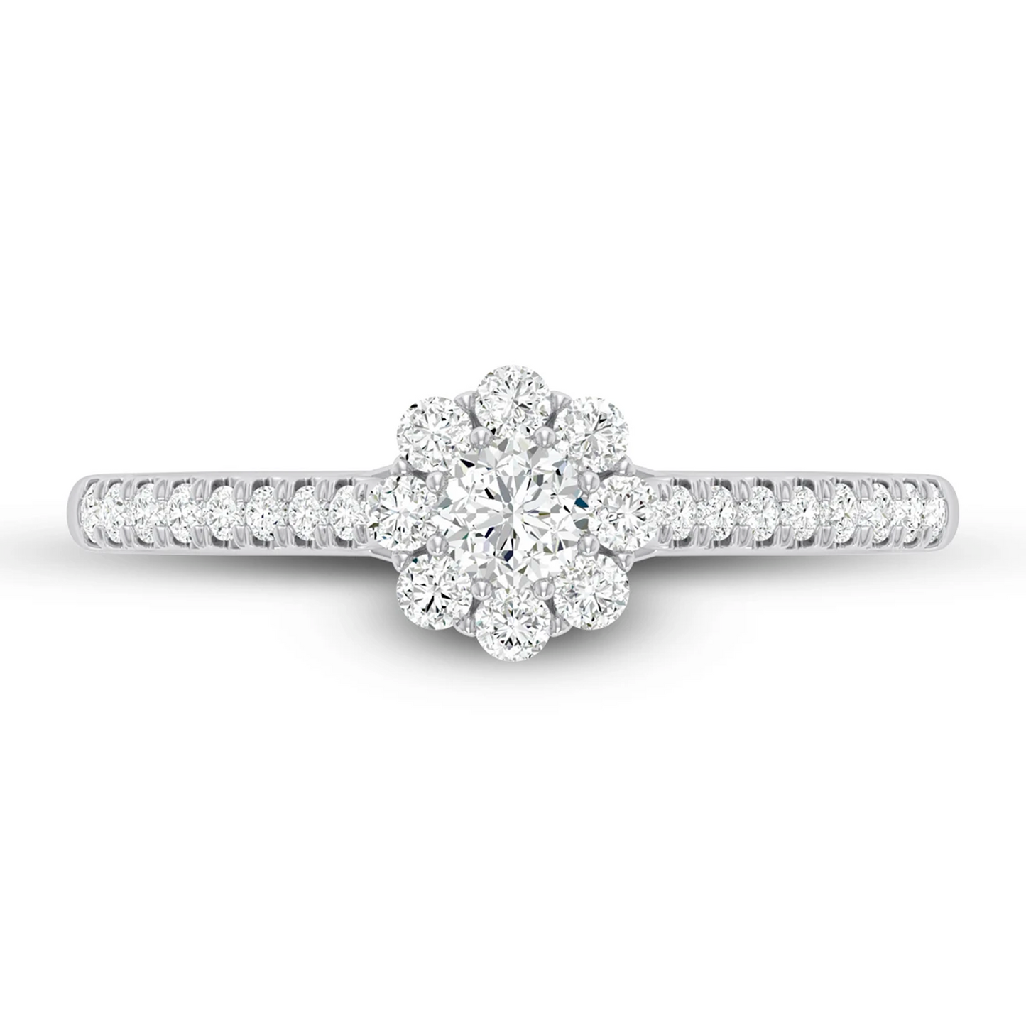 Floral Halo Cluster Diamond Ring in 14K white gold, front view