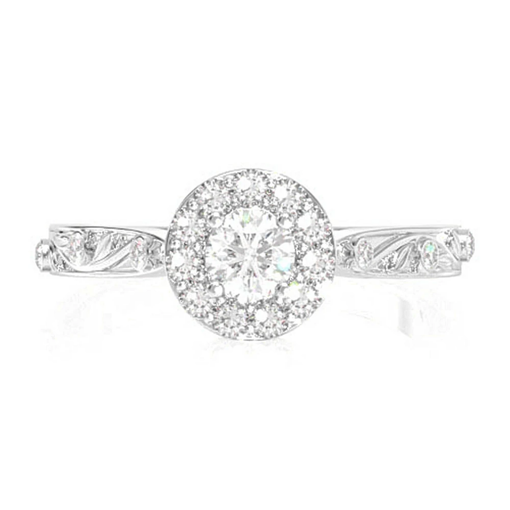 Halo Bezel Vine Diamond Ring in 14K white gold, front view