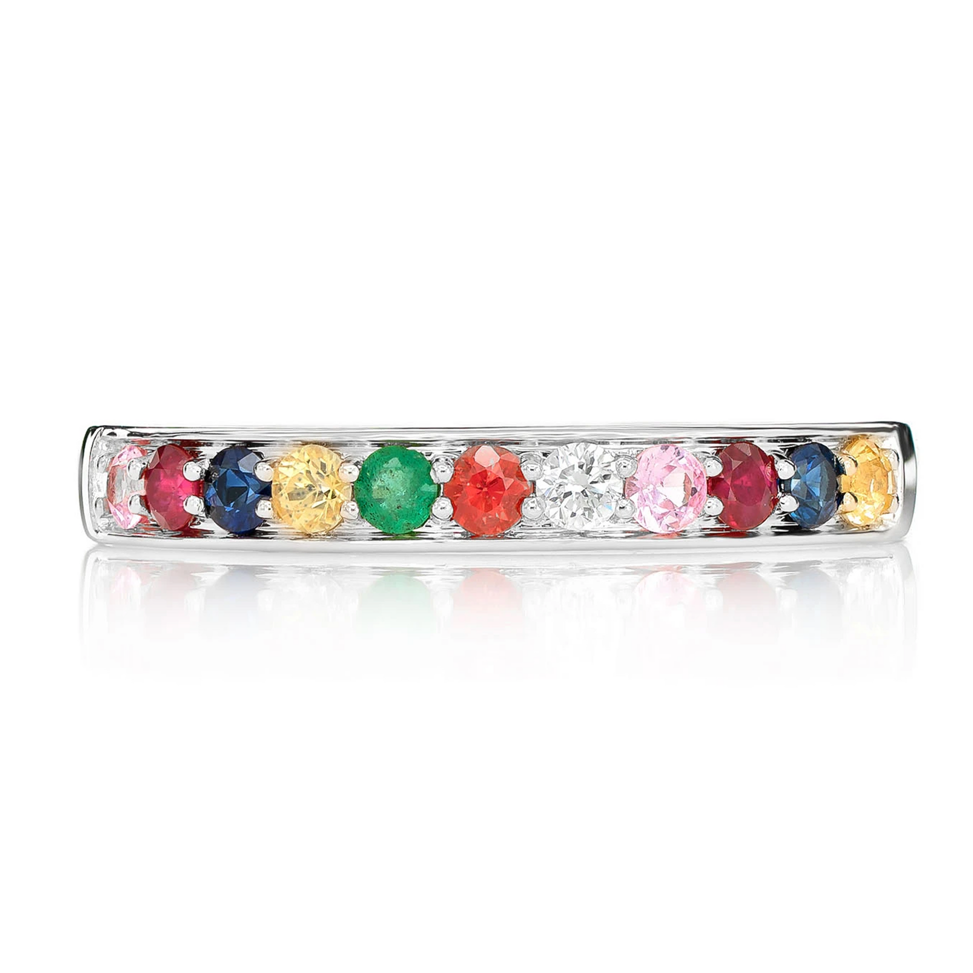 Multicolor Gemstone Diamond Band in 14K white gold, front view