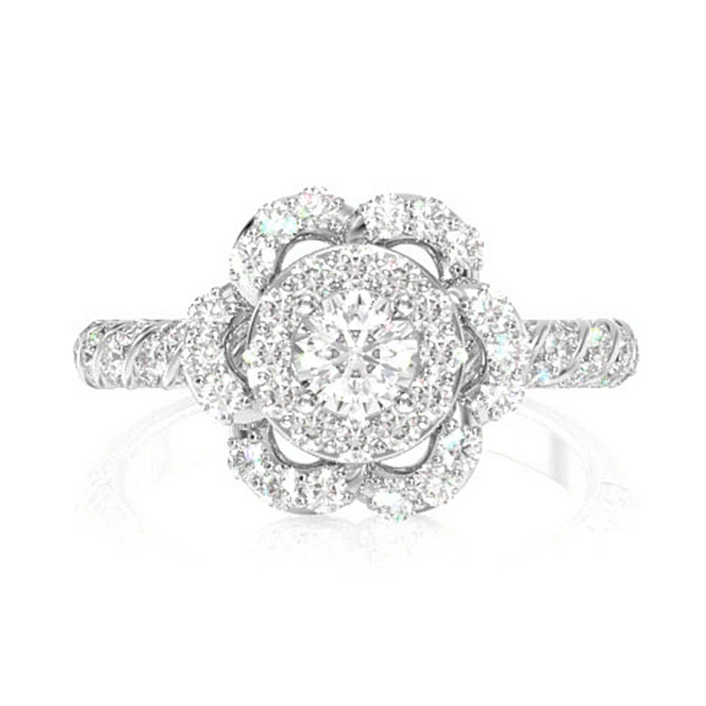 Flower Halo Twist Diamond Ring in 14K white gold, front view