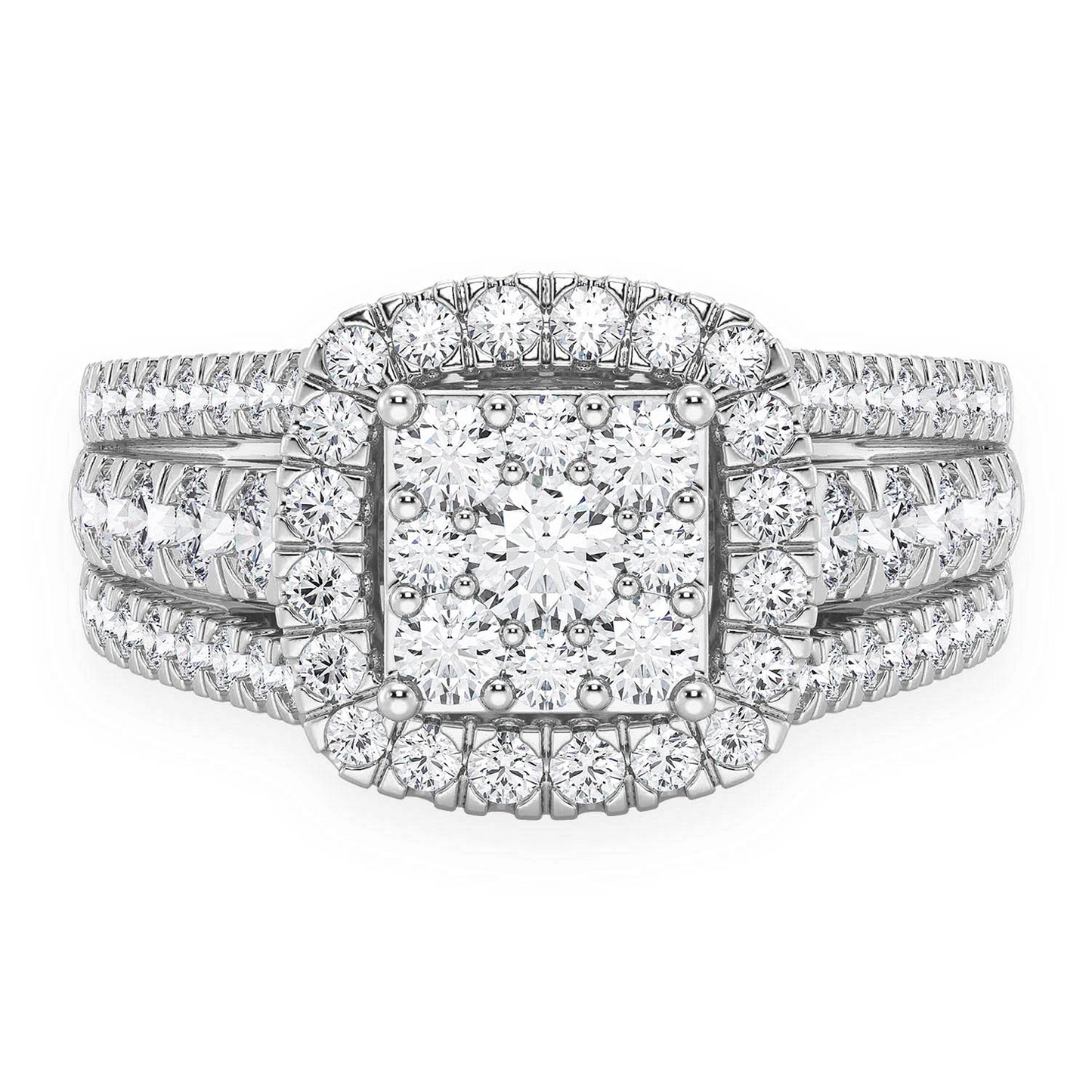 Three Row Cluster Halo Diamond Ring in 14K white gold, front view
