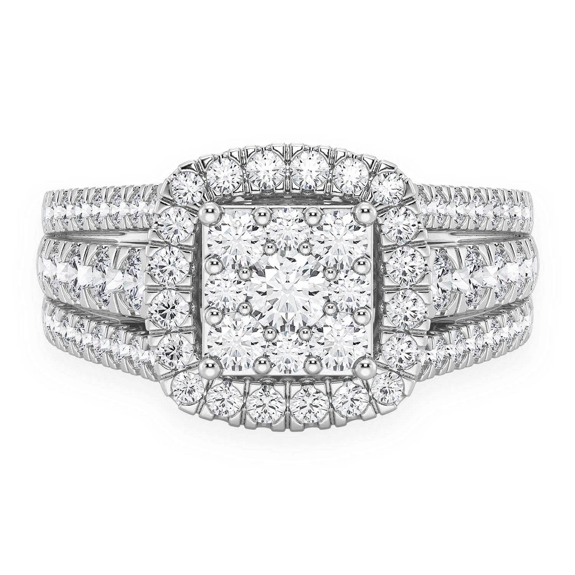 Three Row Cluster Halo Diamond Ring in 14K white gold, front view