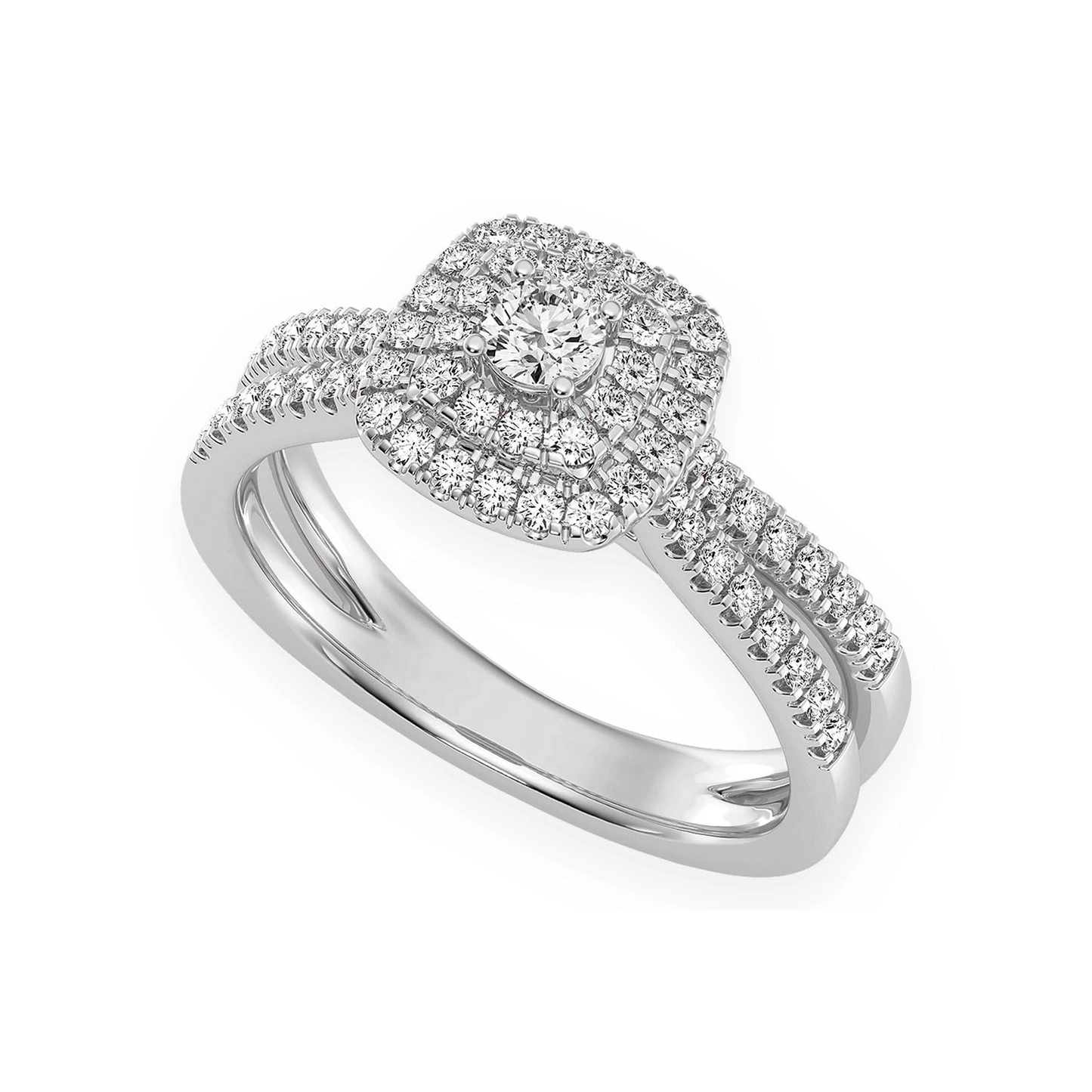 Three Layer Square Double Halo Engagement Ring in 14K white gold, angled view
