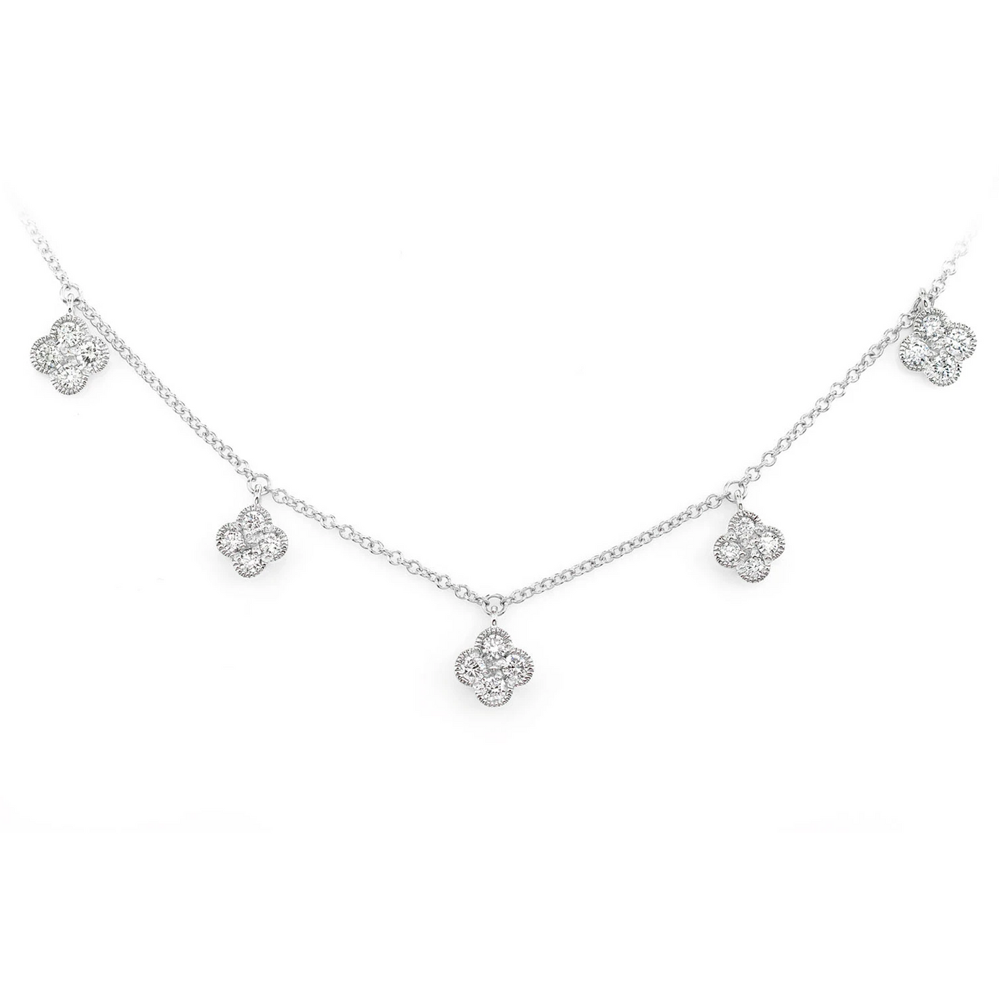 Milgrain Clover Diamond Dangle Necklace in 14K white gold, 0.45ctw, front view