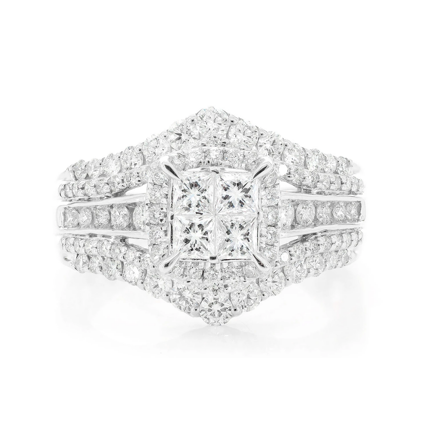 Princess Quad Halo Ring in 14K white gold, front view
