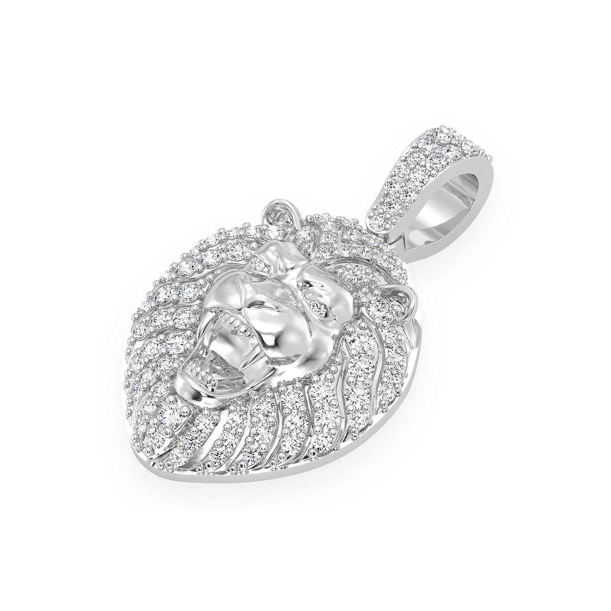 Lion Head Diamond Pendant in 14K white gold, Set | 0.50ctw, detail view