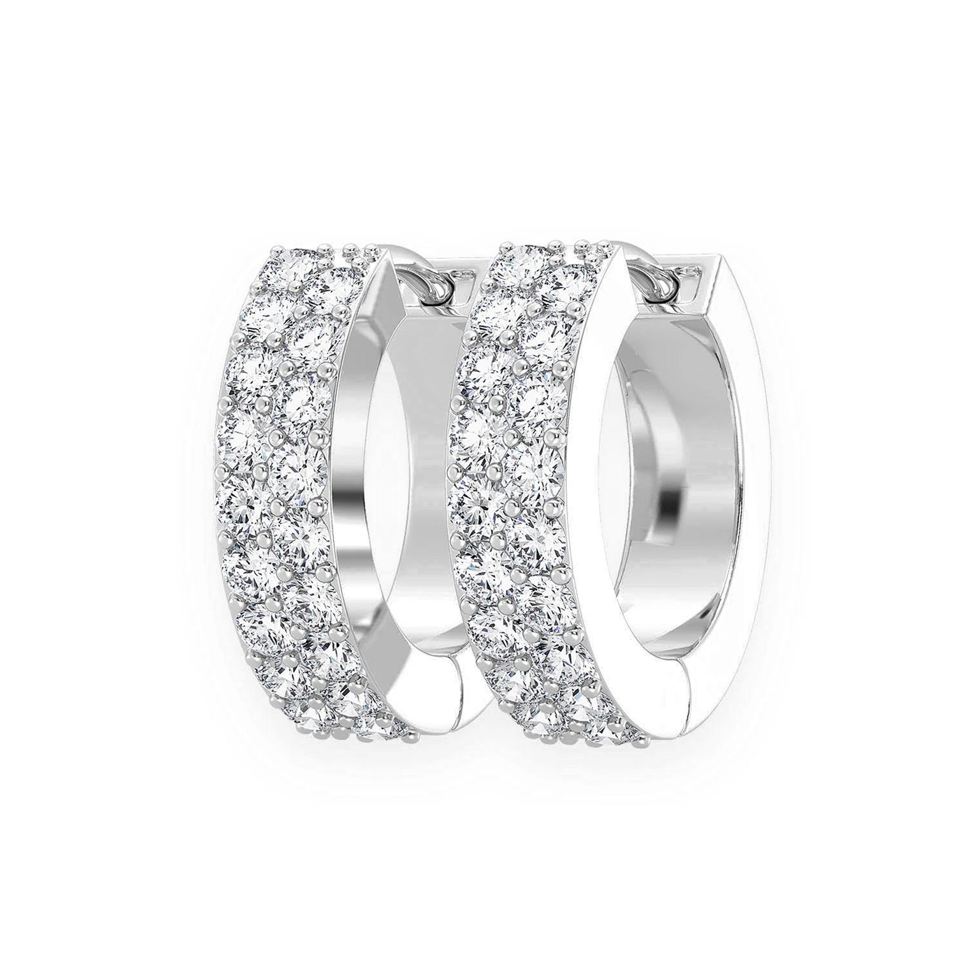 Two Row Pavé Diamond Huggie Hoop Earrings in 14K white gold, front view