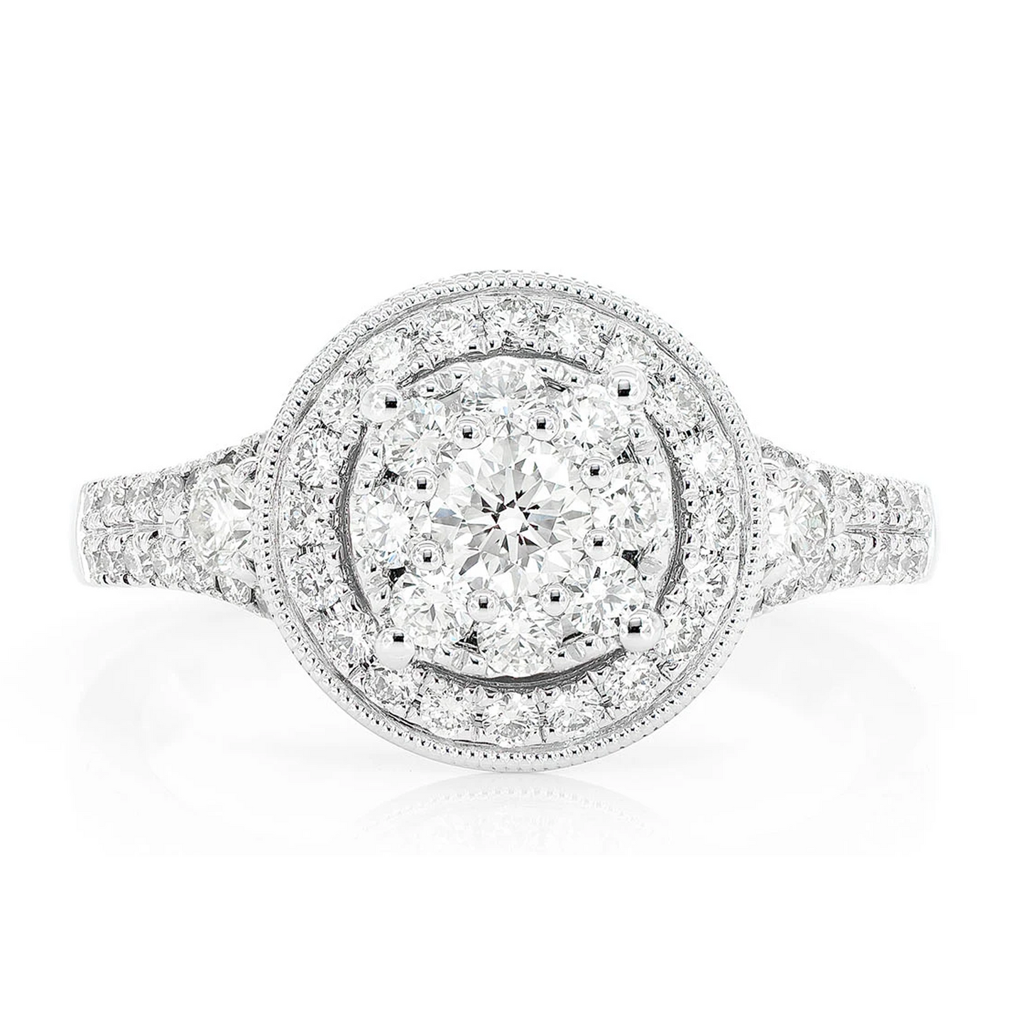 Antique Round Cluster Halo Diamond Ring in 14K white gold, front view