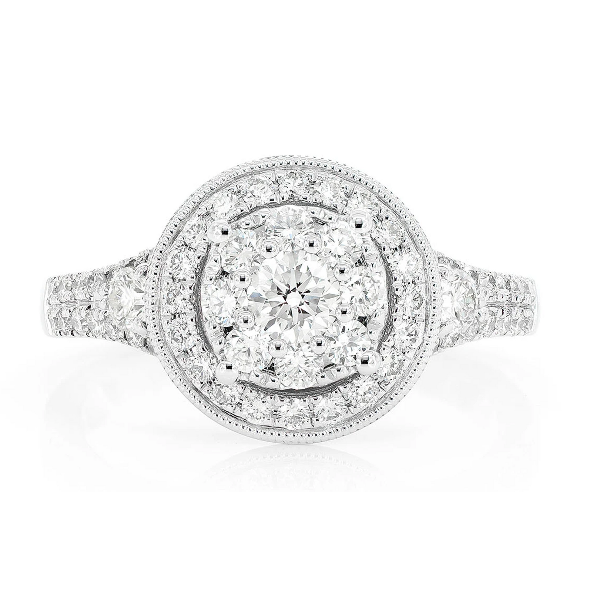 Antique Round Cluster Halo Diamond Ring in 14K white gold, front view