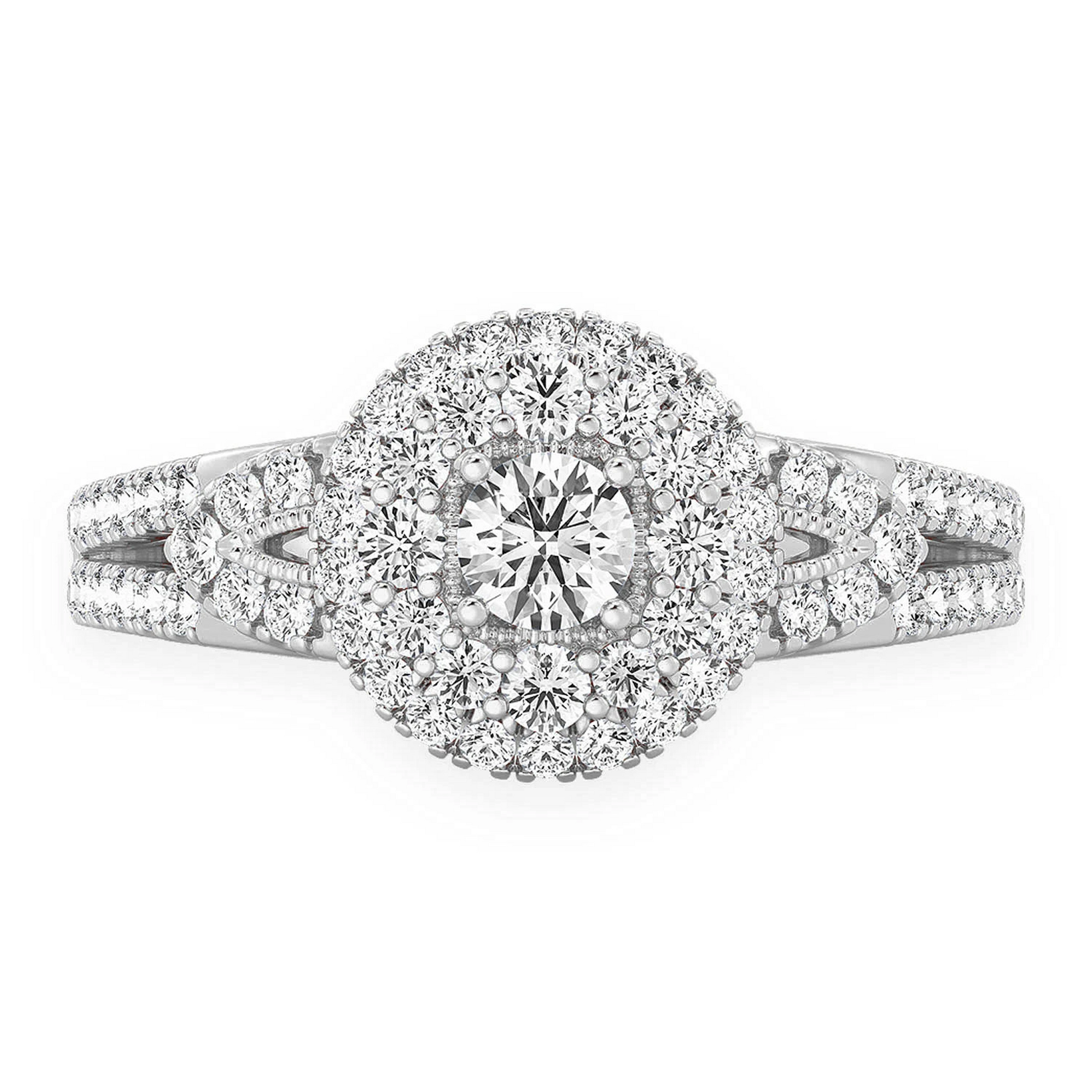 Fancy Shank Tiered Halo Ring in 14K white gold, front view