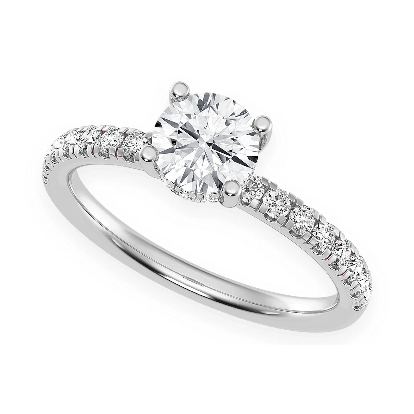 Round Solitaire One Row Under Halo Ring in 14K white gold, angled view