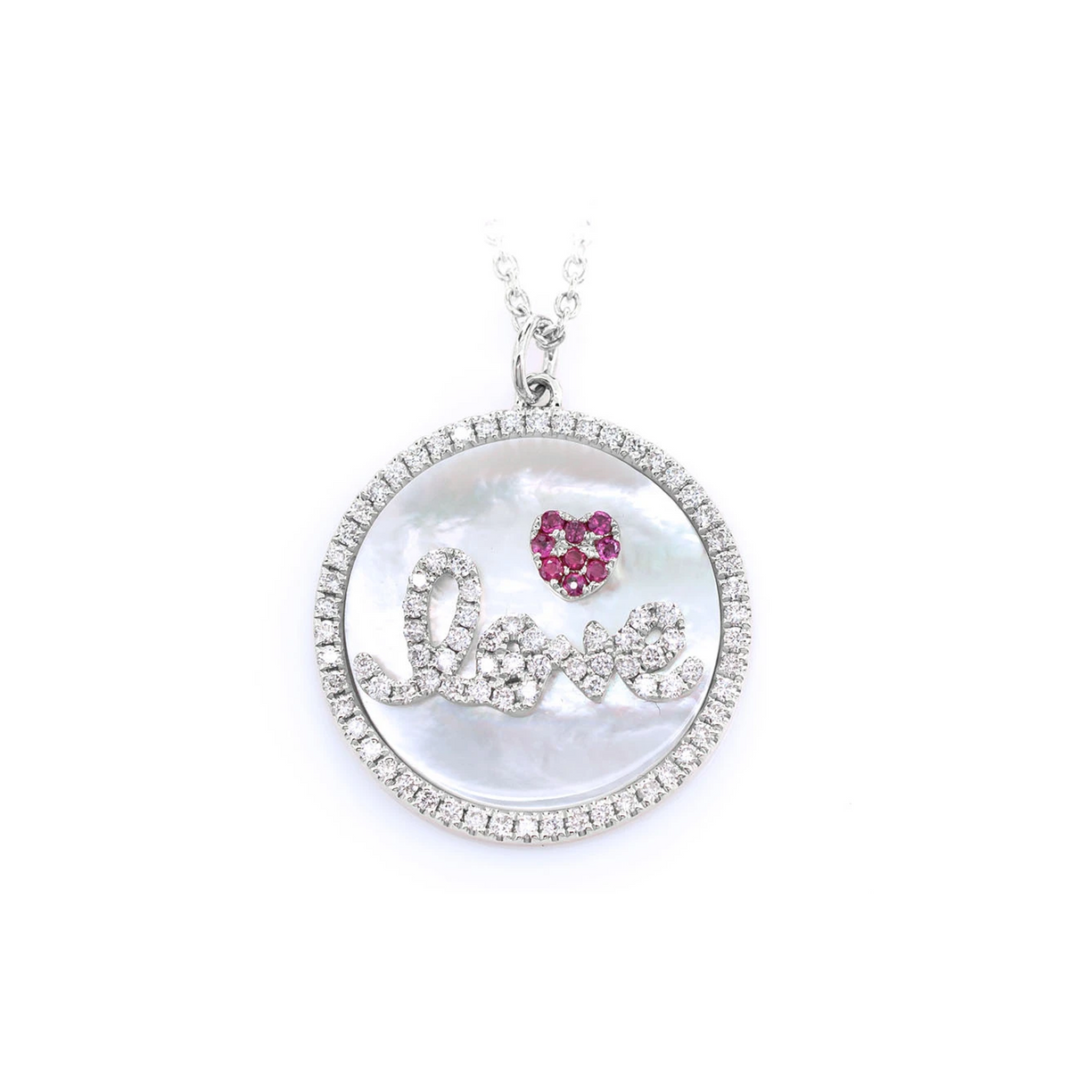 Mother of Pearl Love Disc Halo Diamond Necklace