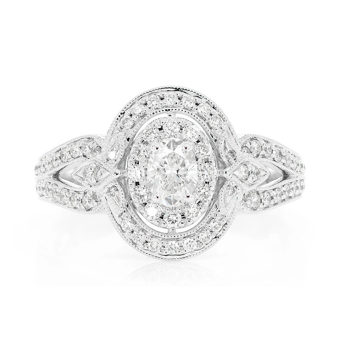 Oval Double Halo Milgrain Diamond Ring in 14K white gold, front view
