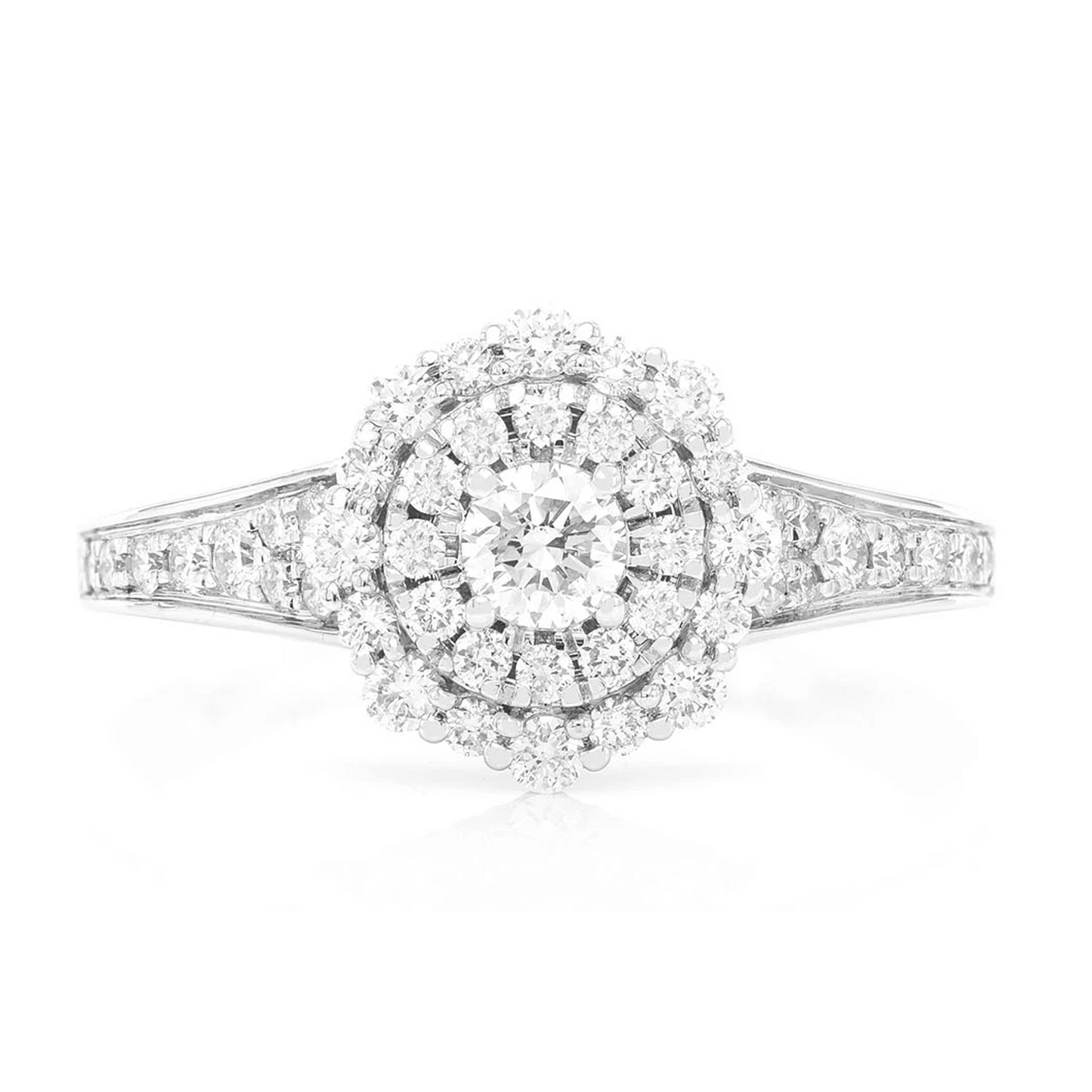 Fancy Double Halo Diamond Ring in 14K white gold, front view