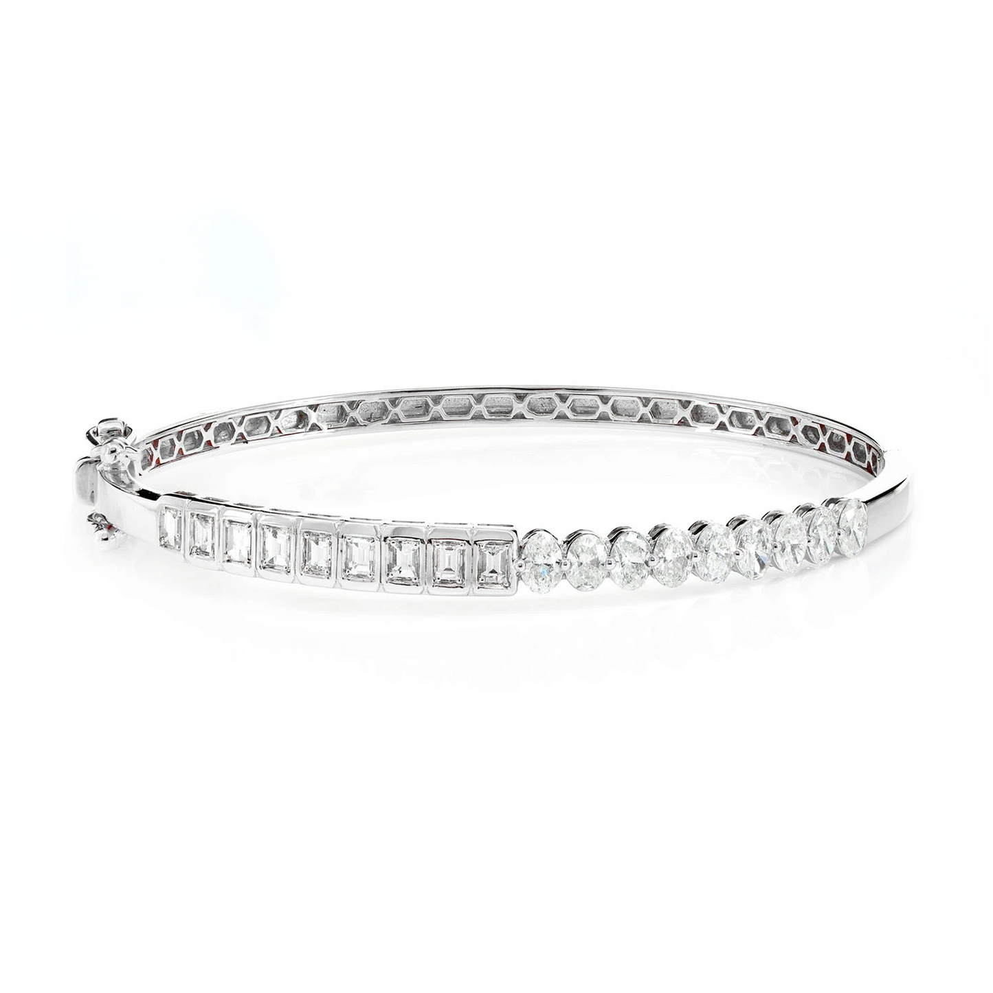 Bezel Baguette & Oval Diamond Bangle Bracelet in 14K white gold, front view