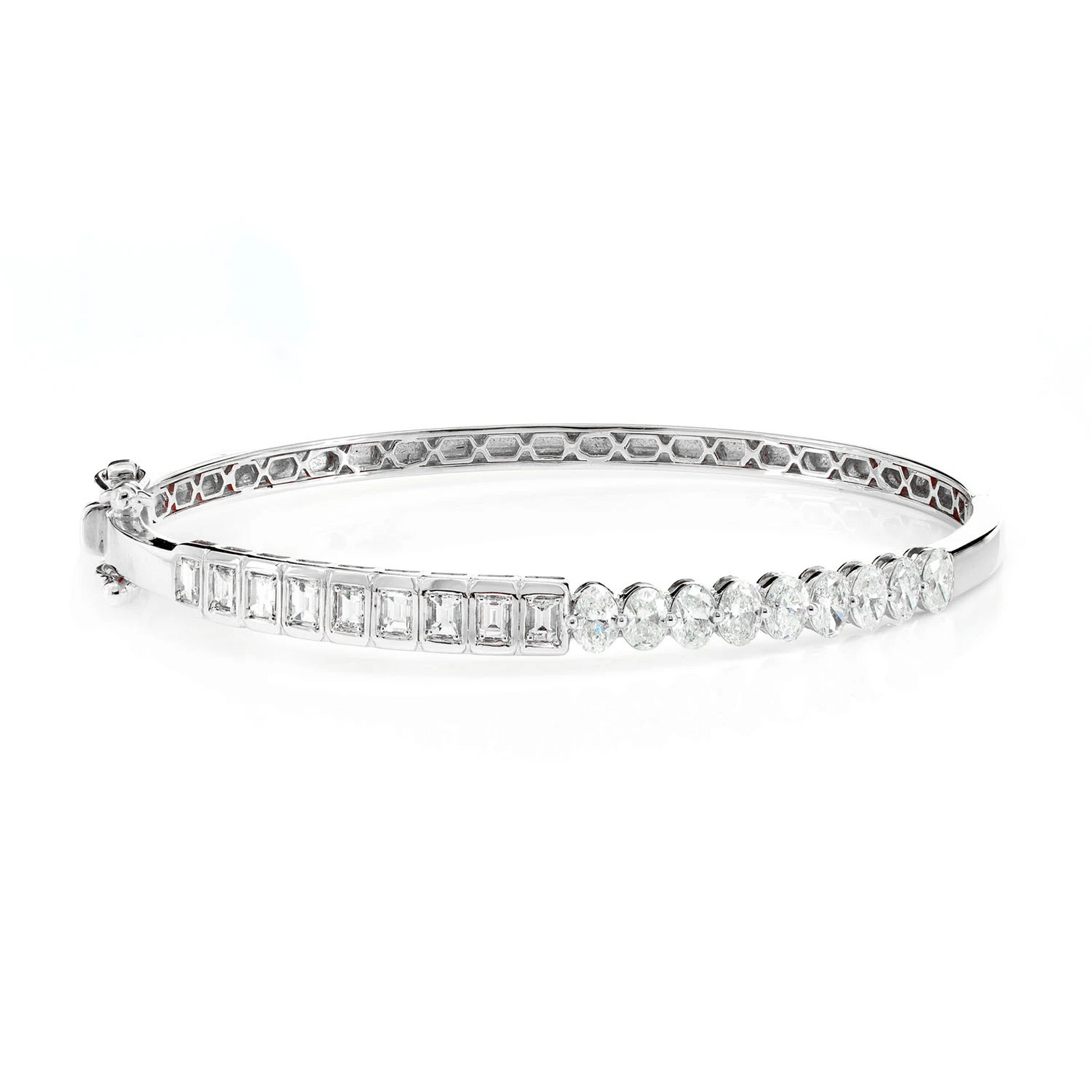 Bezel Baguette & Oval Diamond Bangle Bracelet in 14K white gold, front view