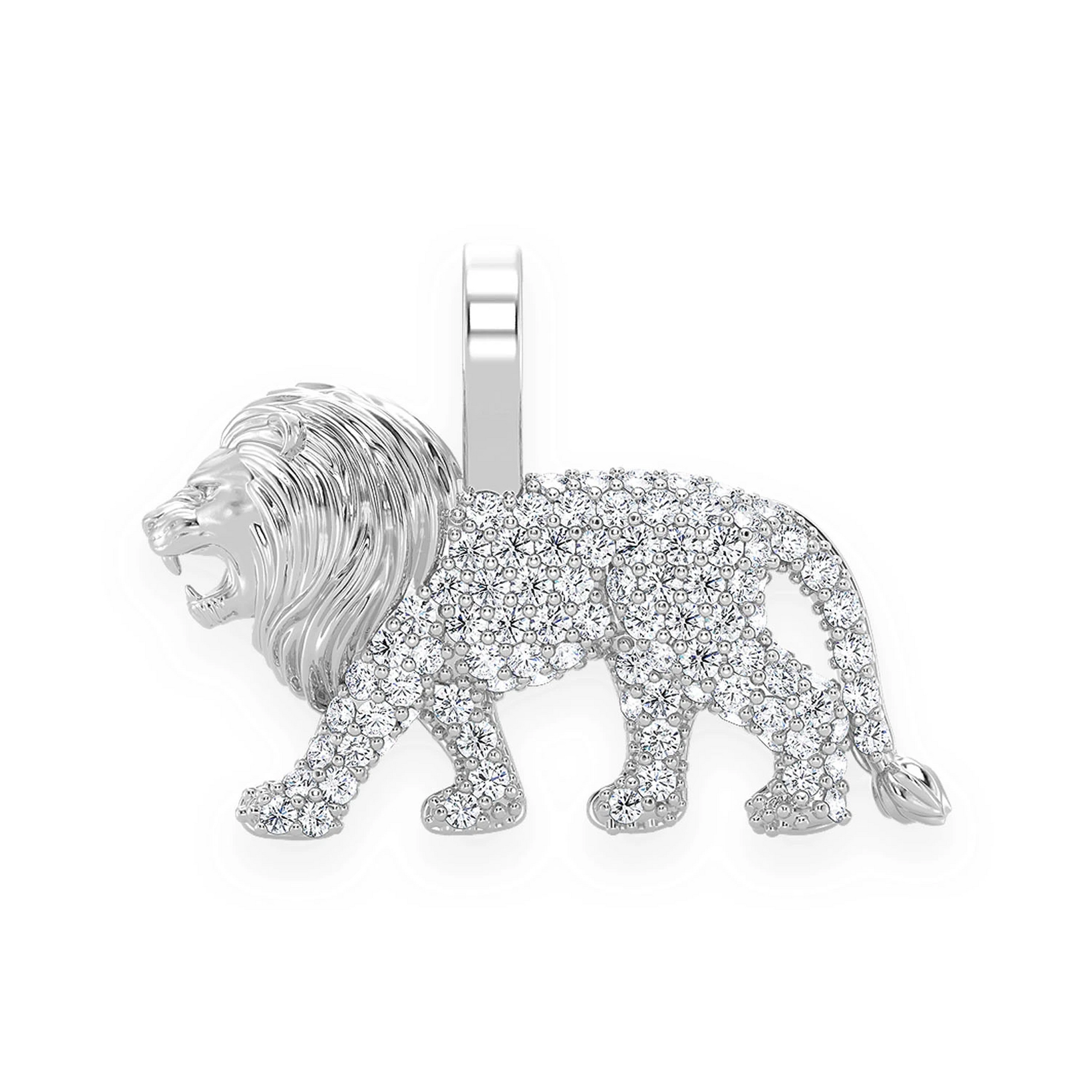 Walking Lion Diamond Pendant in 14K white gold, front view