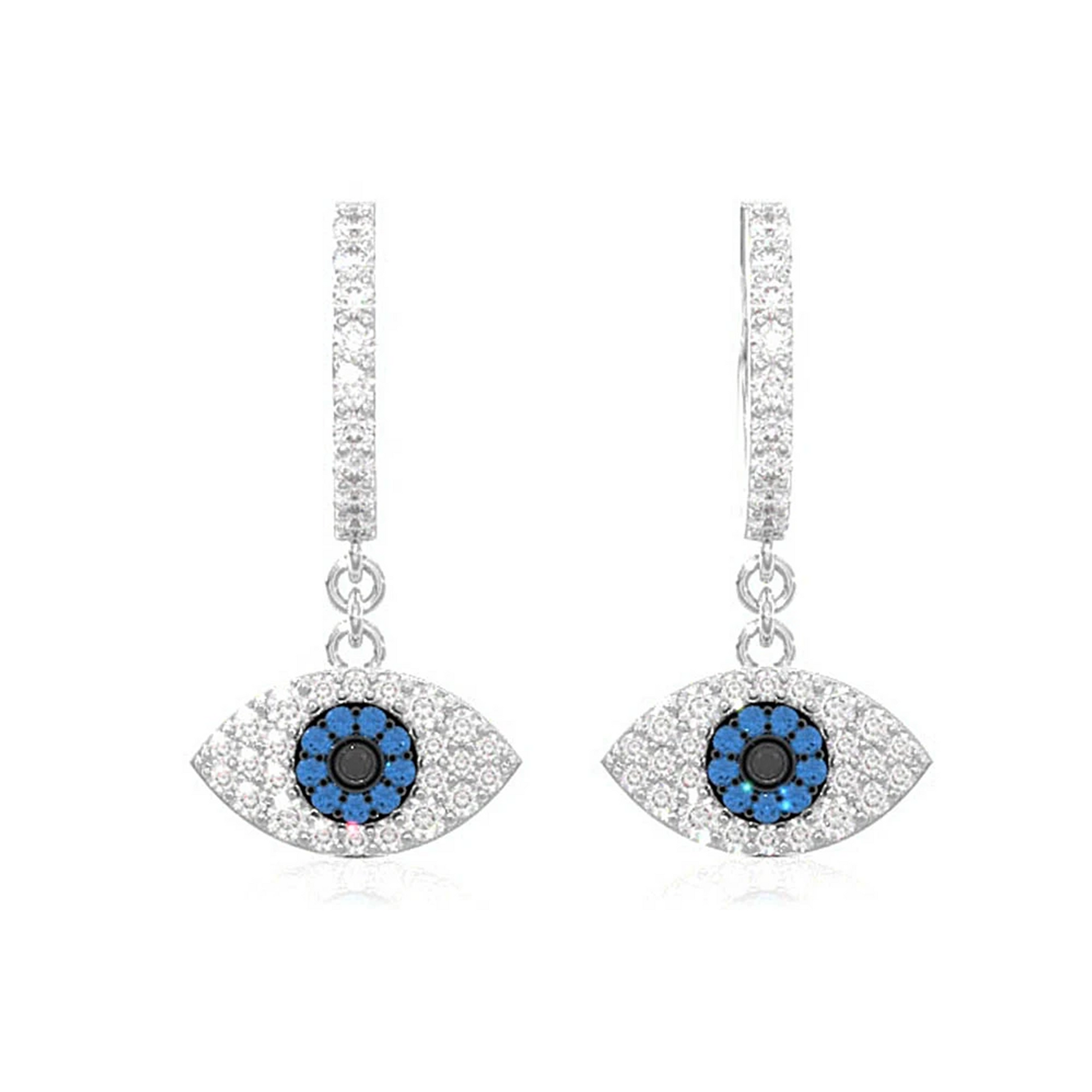 Evil Eye Diamond Hoop Drops in 14K white gold, front view