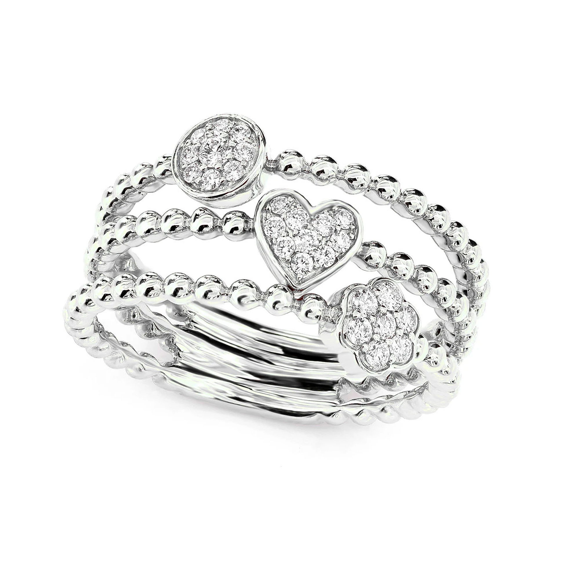 Three Row Beaded Diamond Ring in 14K white gold, angled view