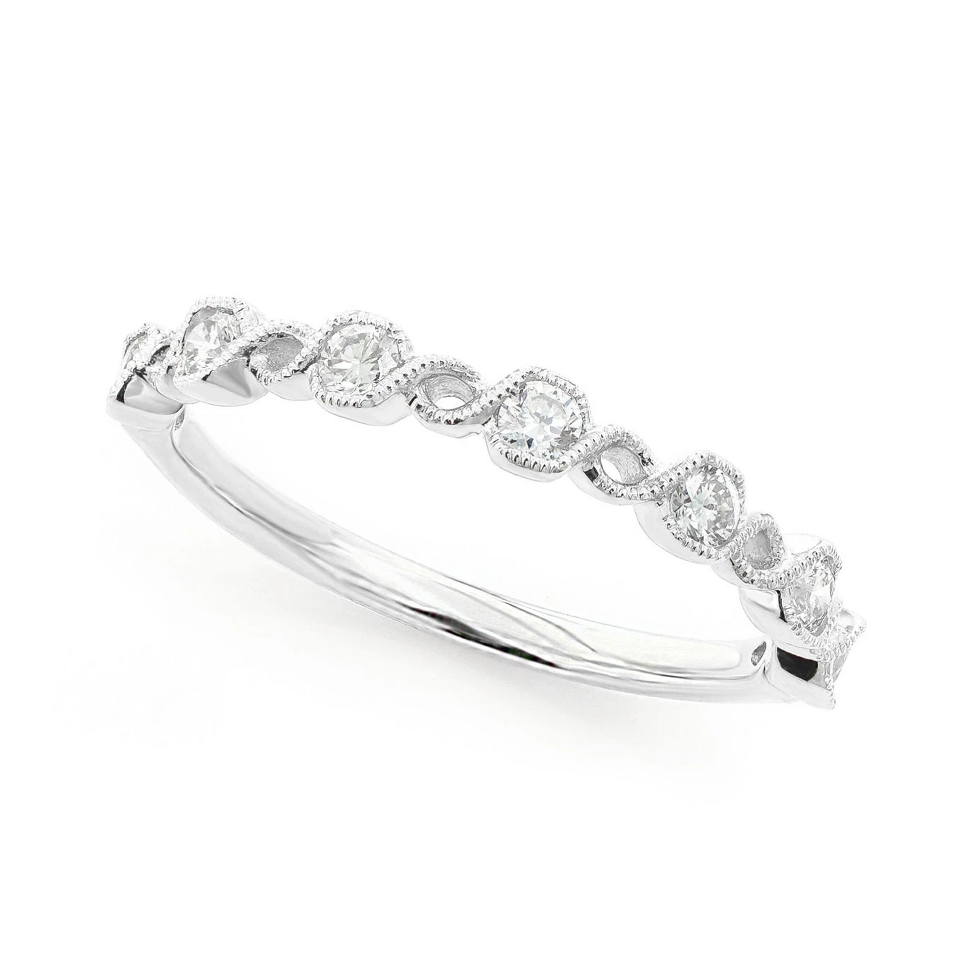 Circle Milgrain Twist Diamond Wedding Band Ring in 14K white gold, angled view