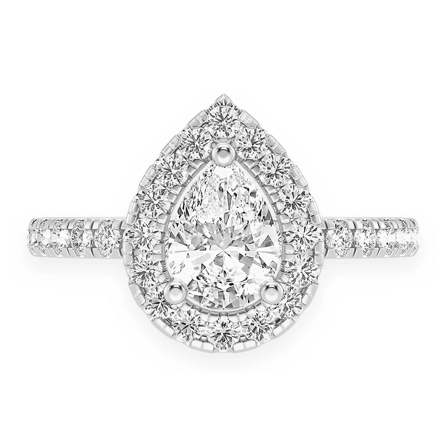 Pear Scallop Halo One Row Diamond Ring in 14K white gold, front view