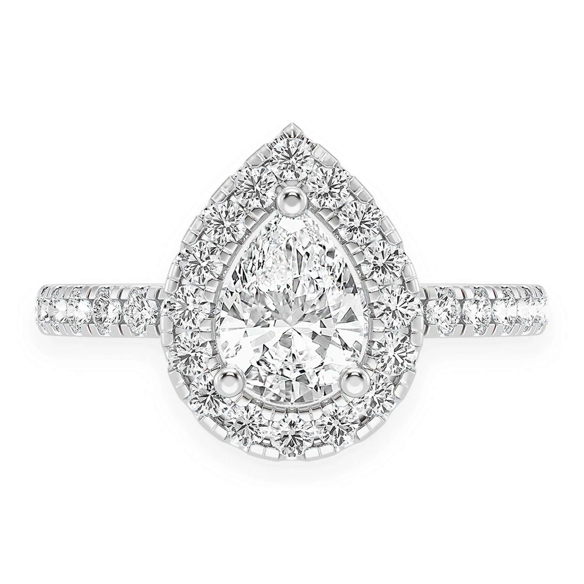 Pear Scallop Halo One Row Diamond Ring in 14K white gold, front view