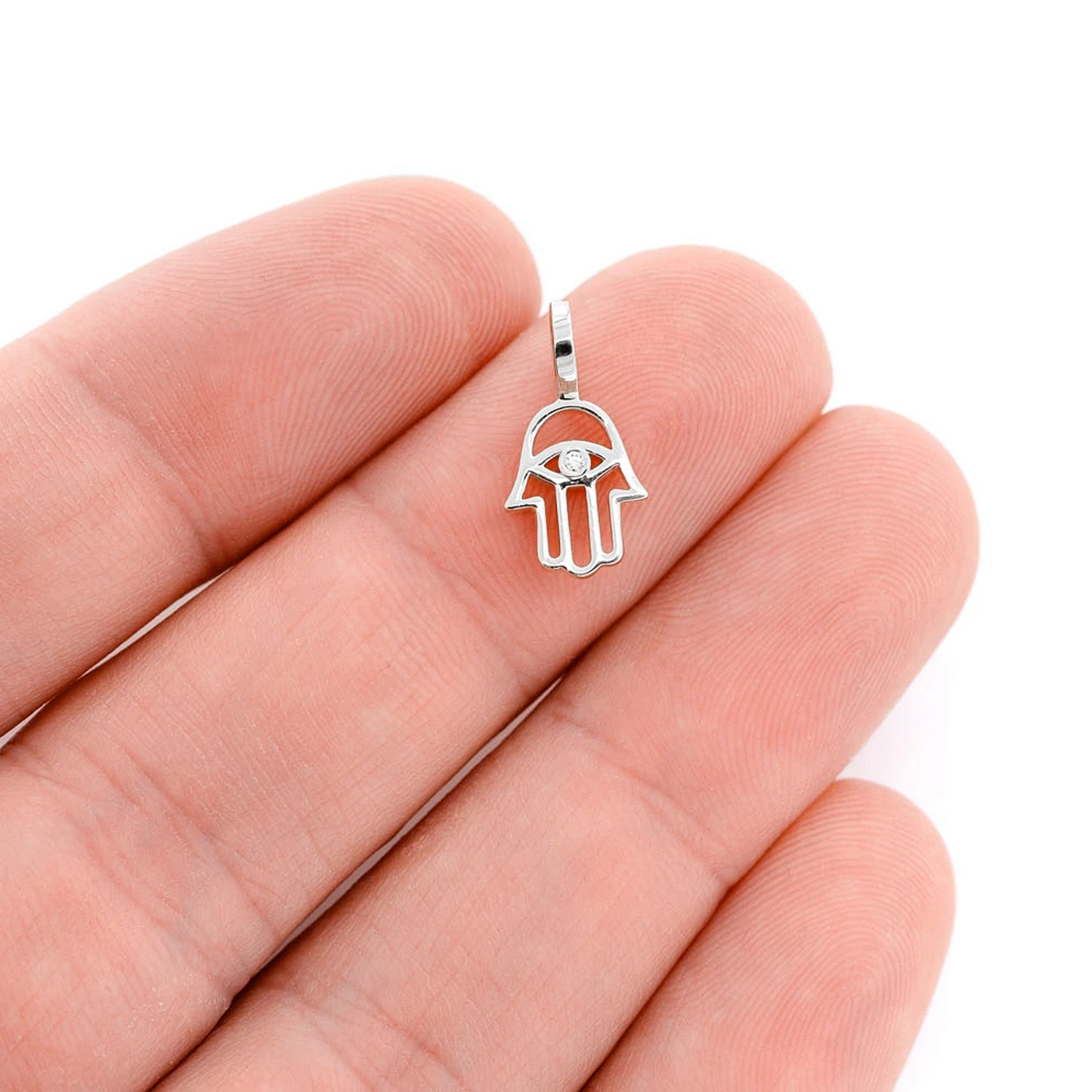 Open Hamsa Pendant in 14K white gold, angled view