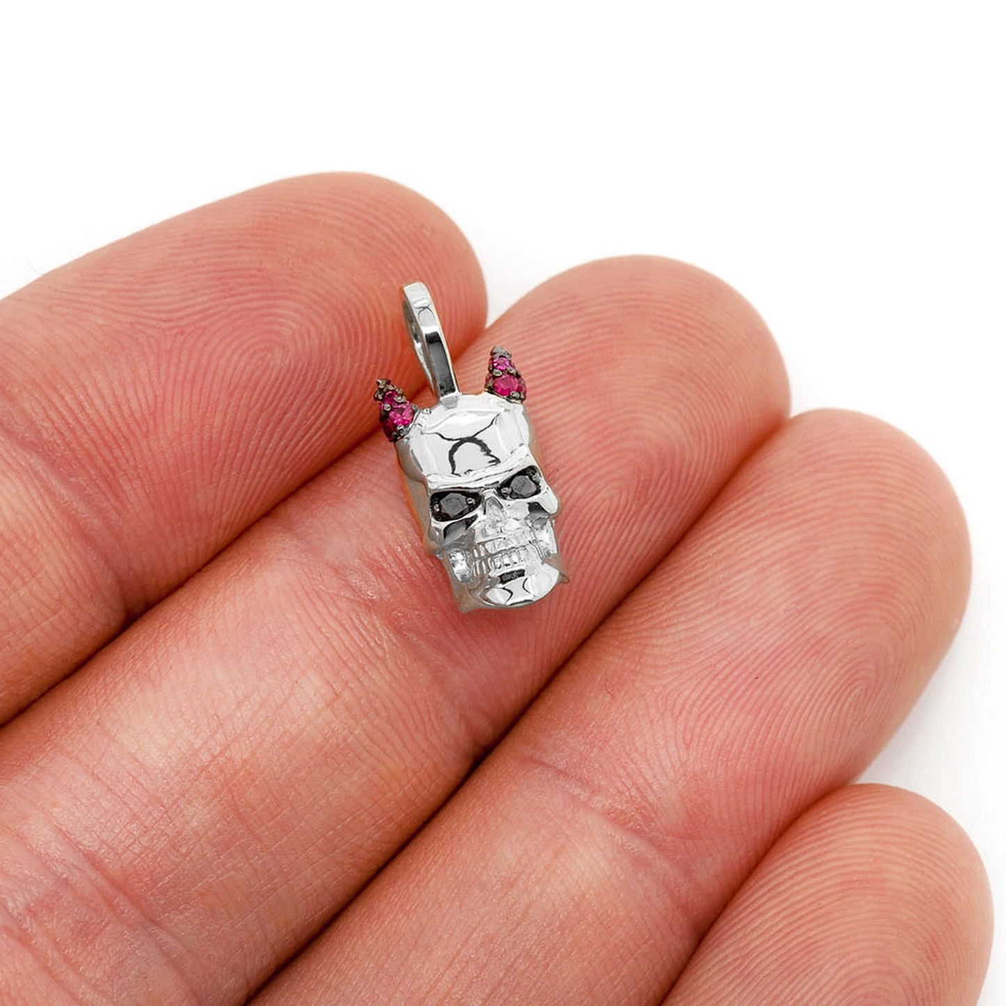 Horned Skull Diamond Pendant in 14K white gold, angled view