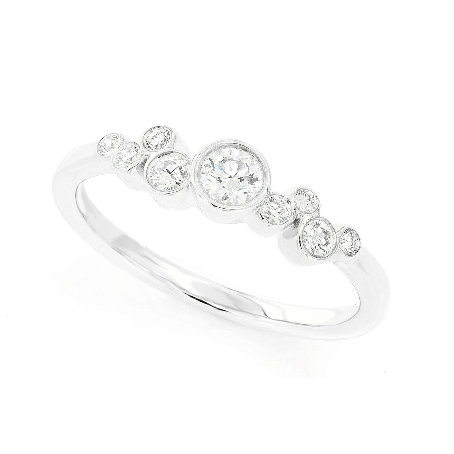 Nine Stone Graduated Bezel Diamond Ring in 14K white gold, angled view