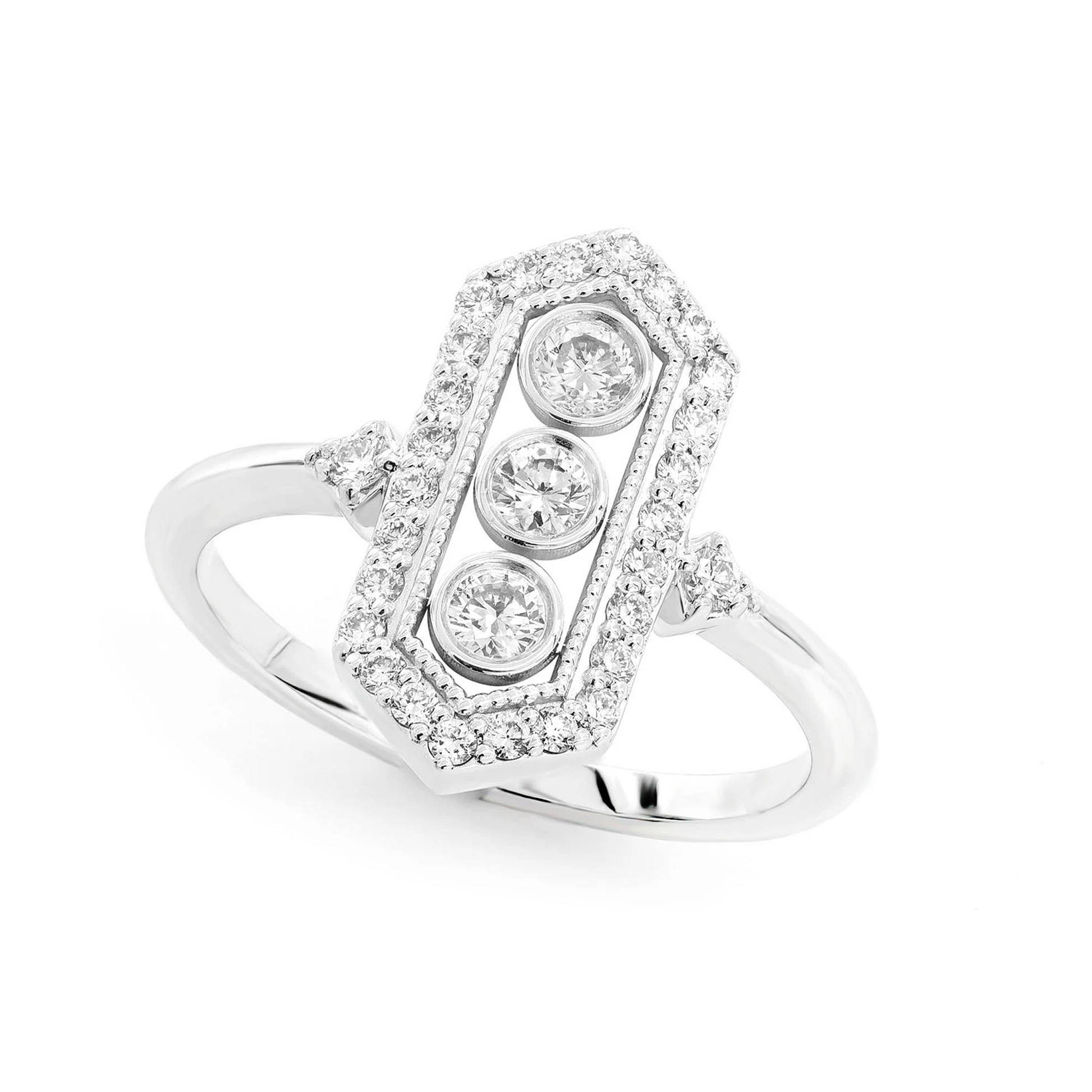 Three Bezel Milgrain Diamond Ring in 14K white gold, front view