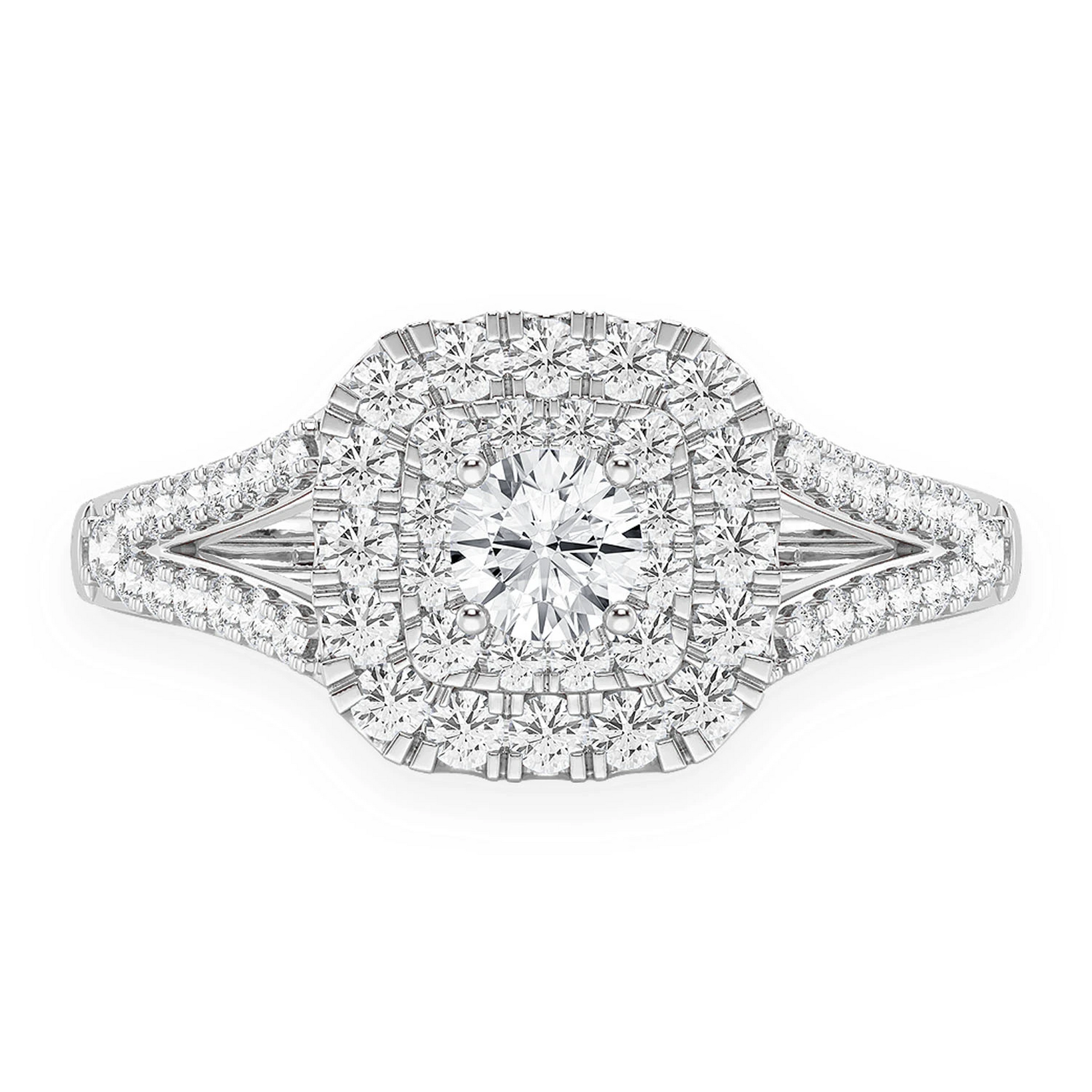 Cushion Double Halo Diamond Ring in 14K white gold, front view