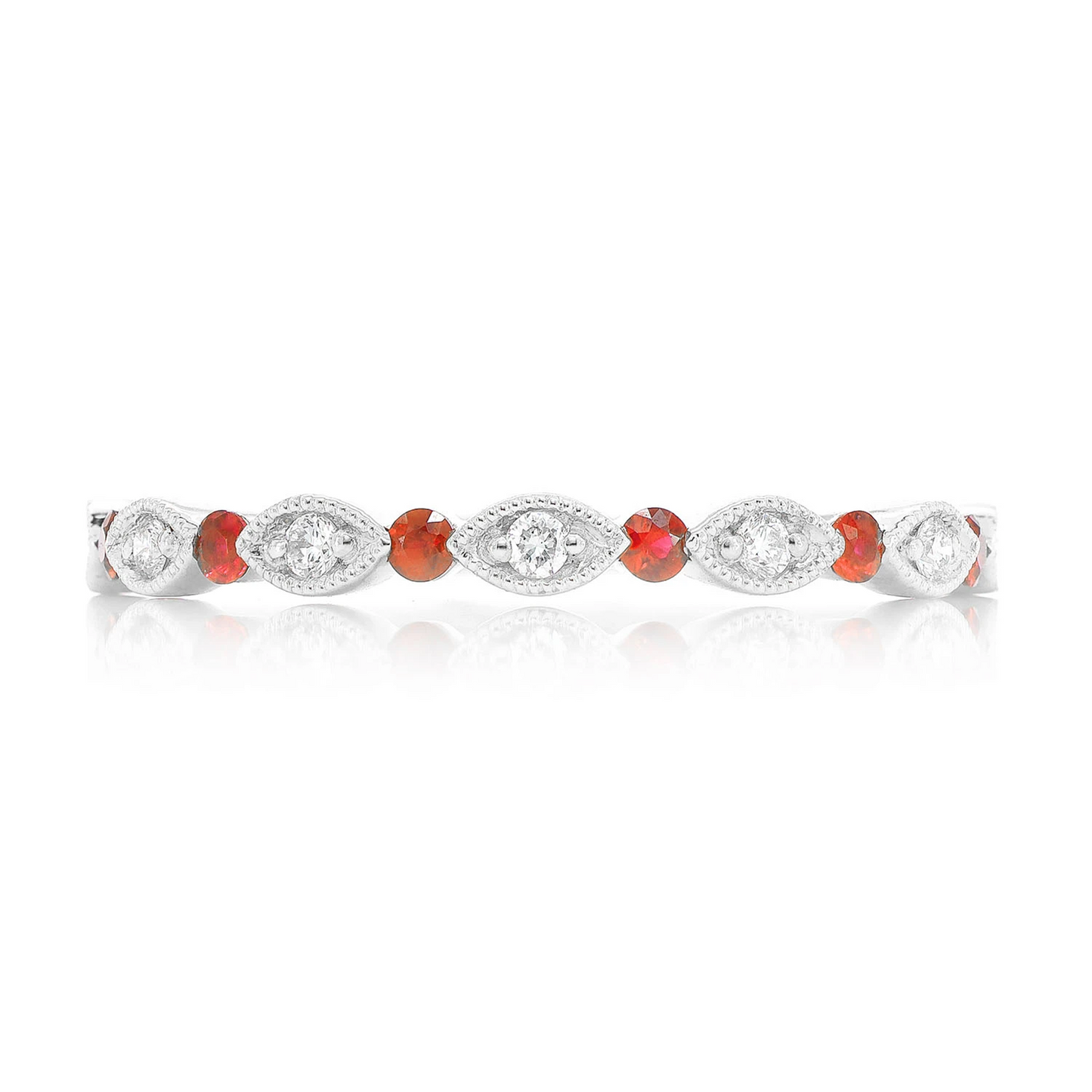 Ruby Diamond Wedding Band Ring in 14K white gold, front view