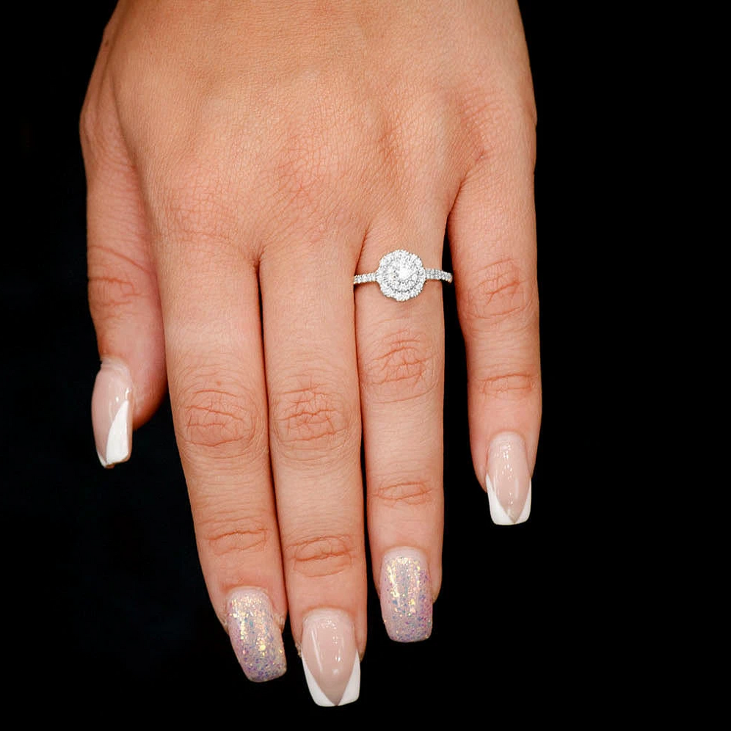 Single Band Floral Diamond Engagement Ring in 14K white gold, worn view