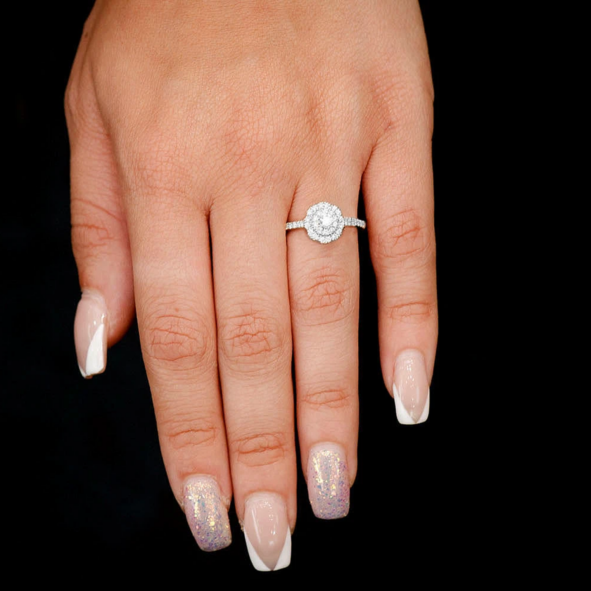 Single Band Floral Diamond Engagement Ring in 14K white gold, worn view