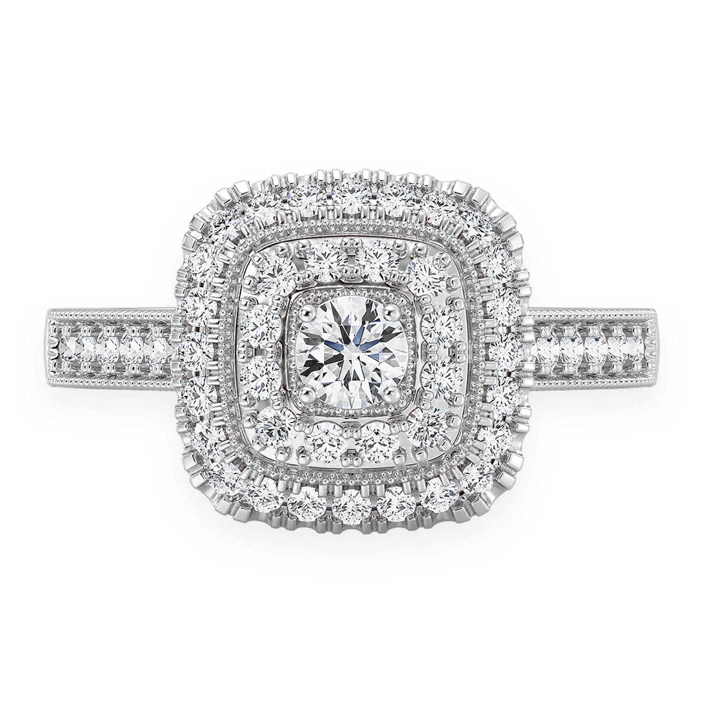 Two Tier Cushion Halo Diamond Ring in 14K white gold, front view