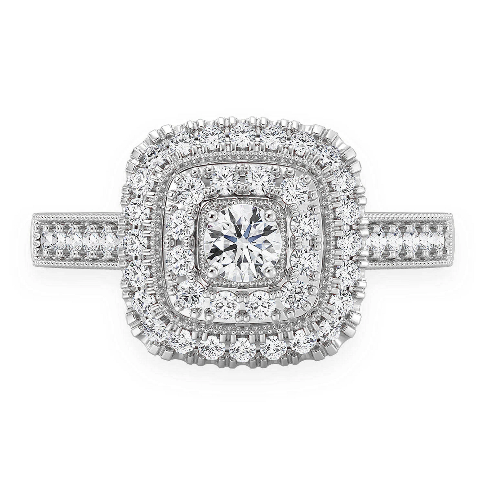 Two Tier Cushion Halo Diamond Ring in 14K white gold, front view