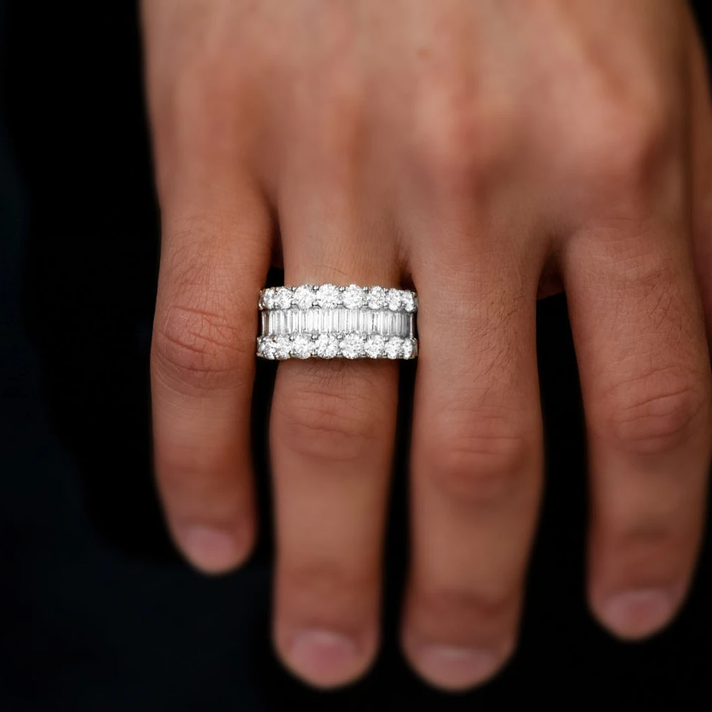 Single Row Baguette Diamond Band Ring in 14K white gold, worn view