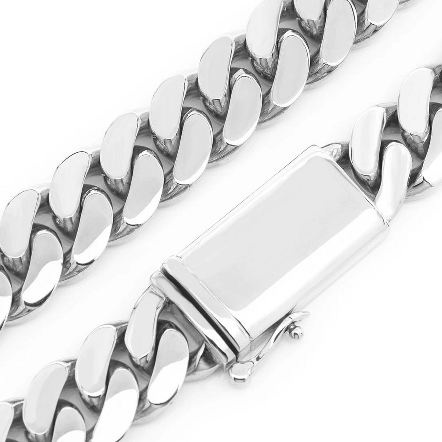 Miami Cuban Gold Chain in 14K white gold, 18mm width, clasp detail