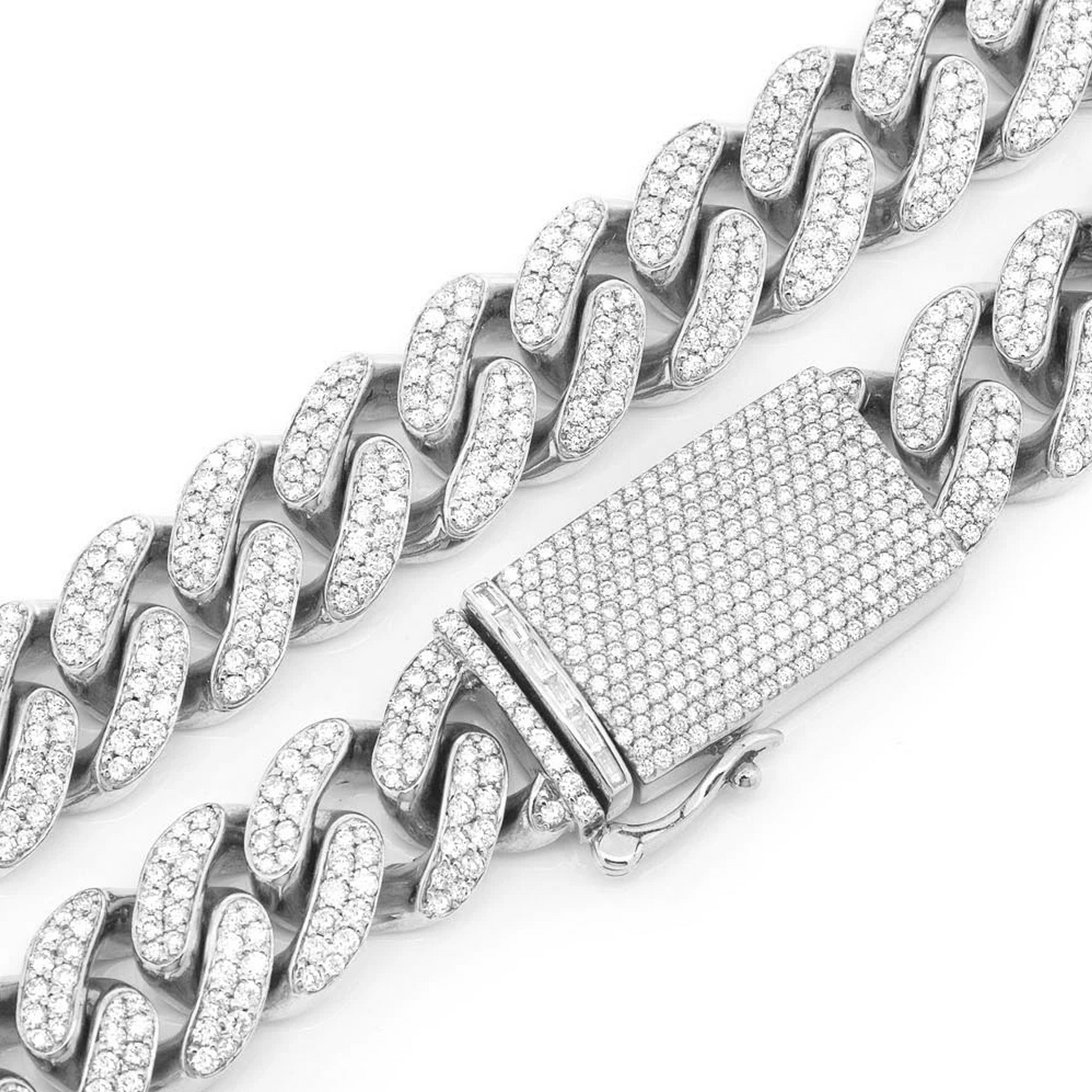 Iced Miami Cuban Necklace in 14K white gold, 18mm / 37ctw width, clasp detail