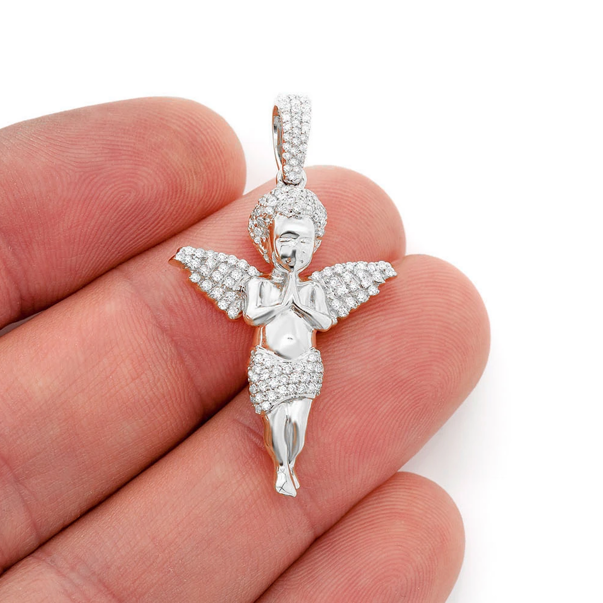 Petite Praying Angel Pendant in 14K white gold, angled view
