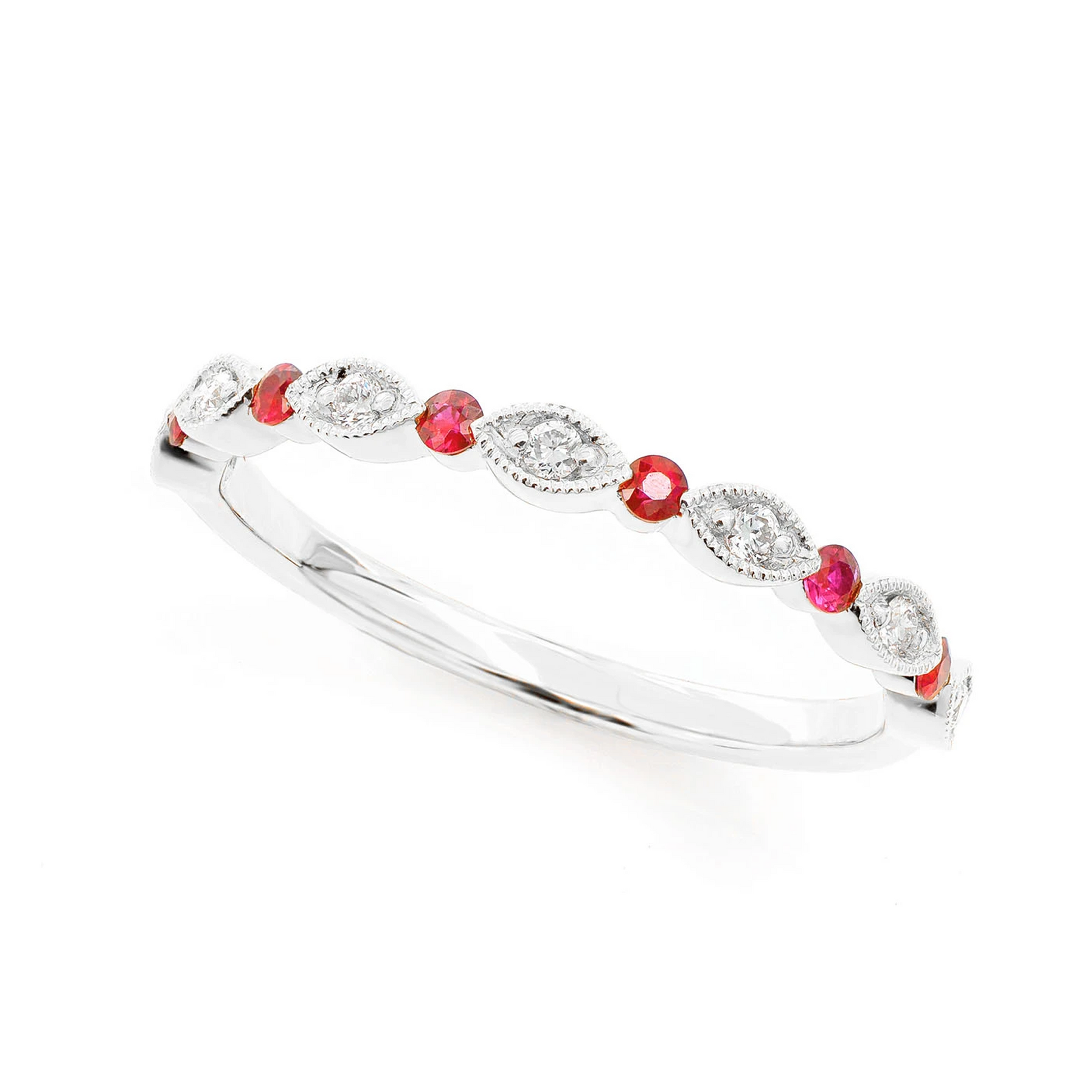 Ruby Diamond Wedding Band Ring in 14K white gold, angled view