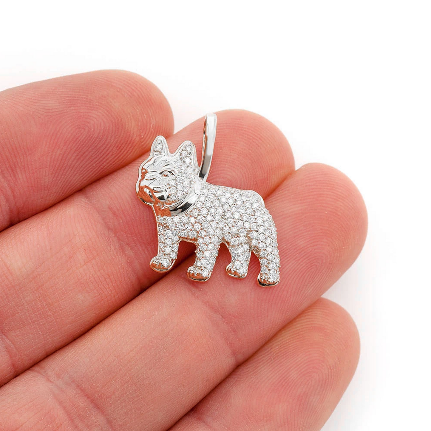 French Bulldog Diamond Pendant in 14K white gold, Signature | 0.65ctw, angled view