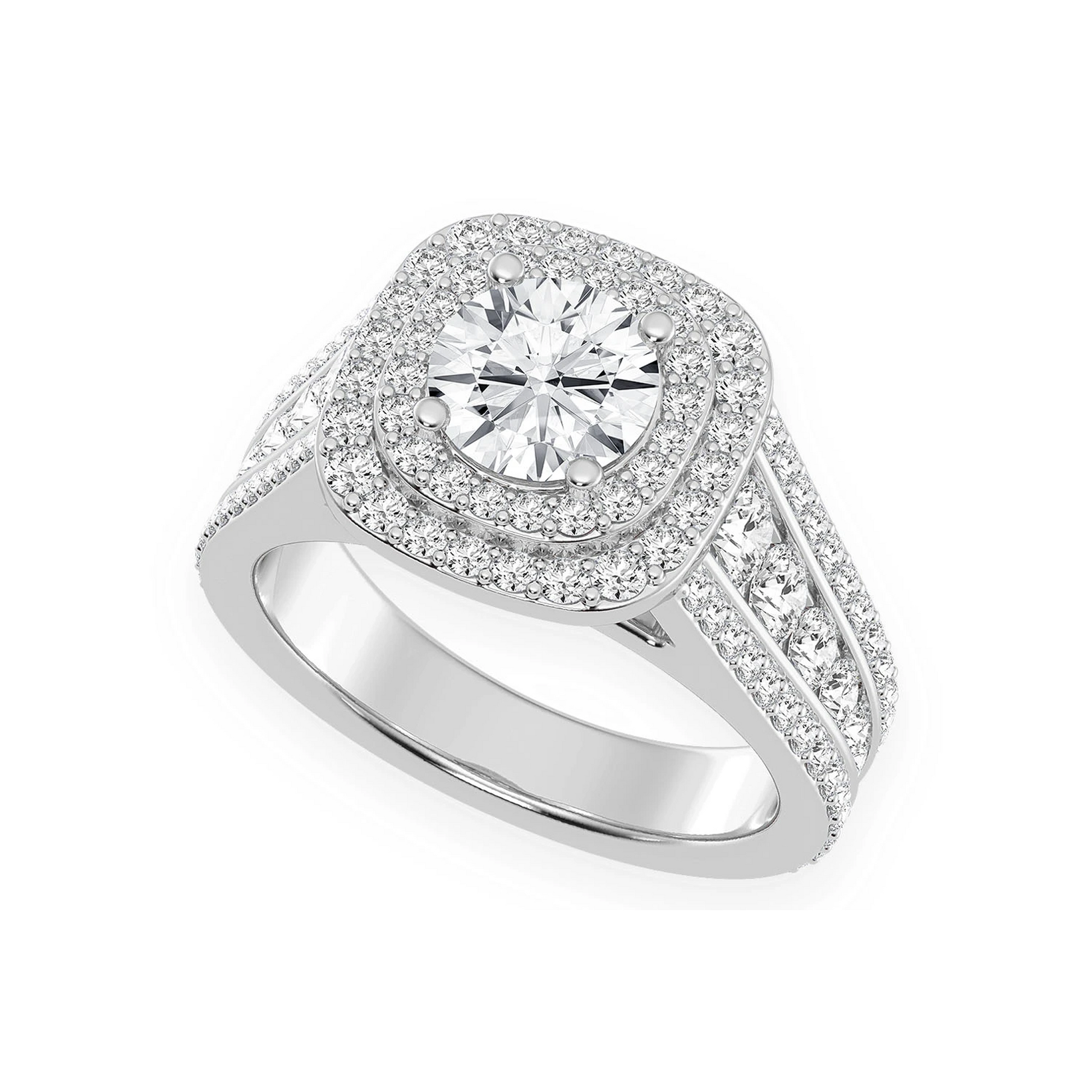 Fancy Three Row Double Halo Diamond Ring in 14K white gold, angled view