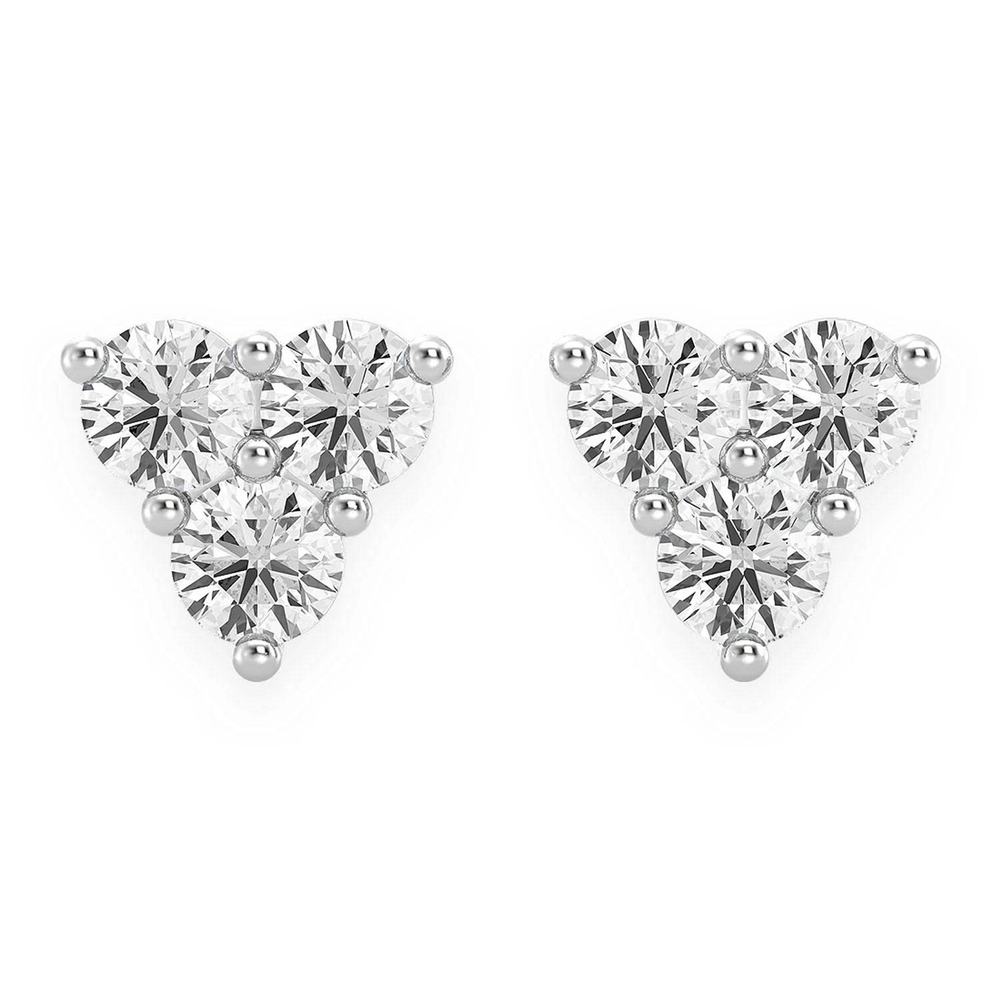 Triangle Diamond Studs in 14K white gold, Three-Stone, front view