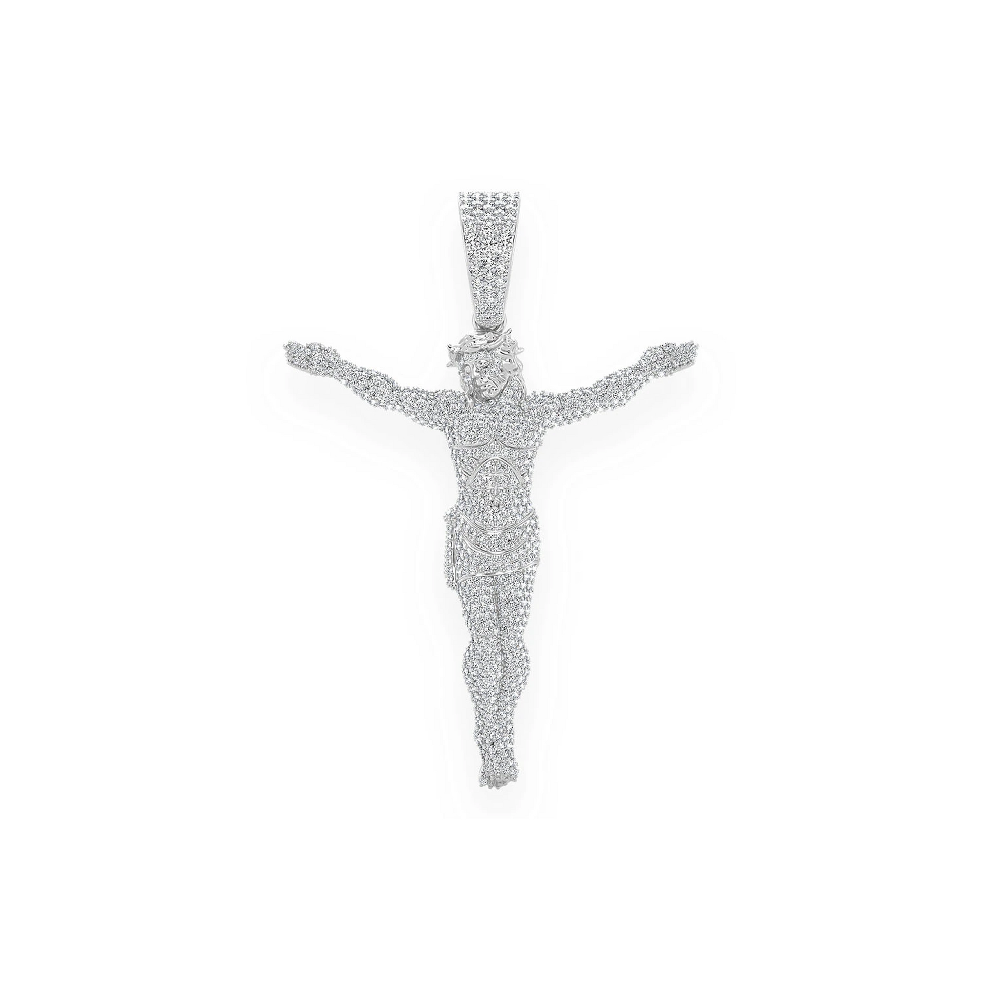 Jesus Crucifix Diamond Pendant in 14K white gold, Statement | 3.30ctw | Iced Out, front view
